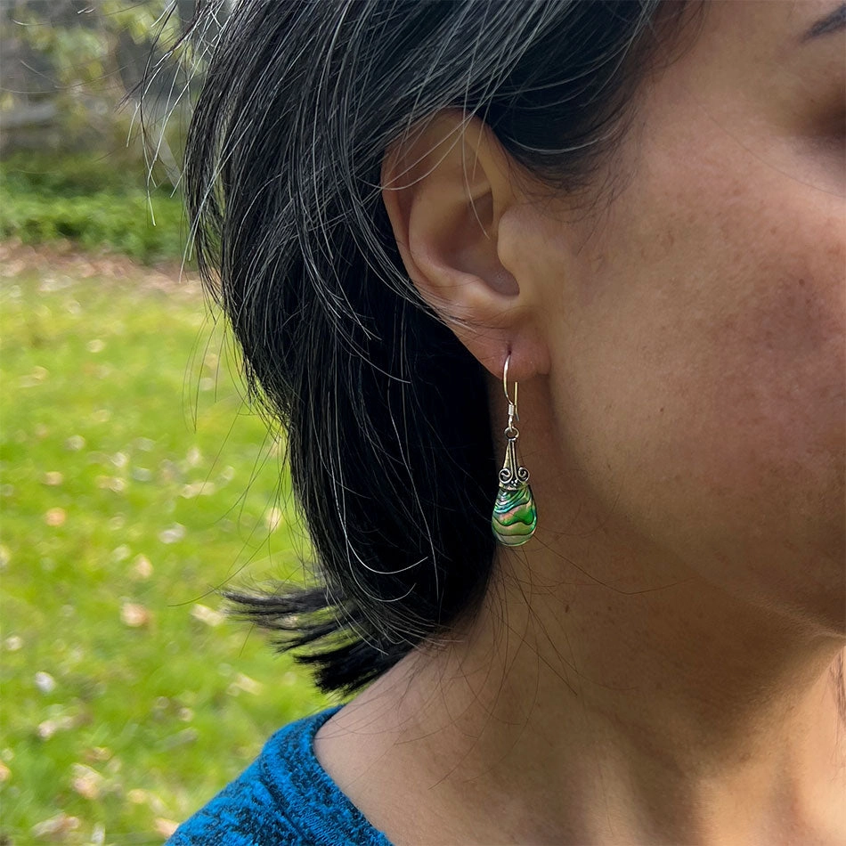 Abalone Filigree Teardrop Earrings - Sterling Silver, Indonesia