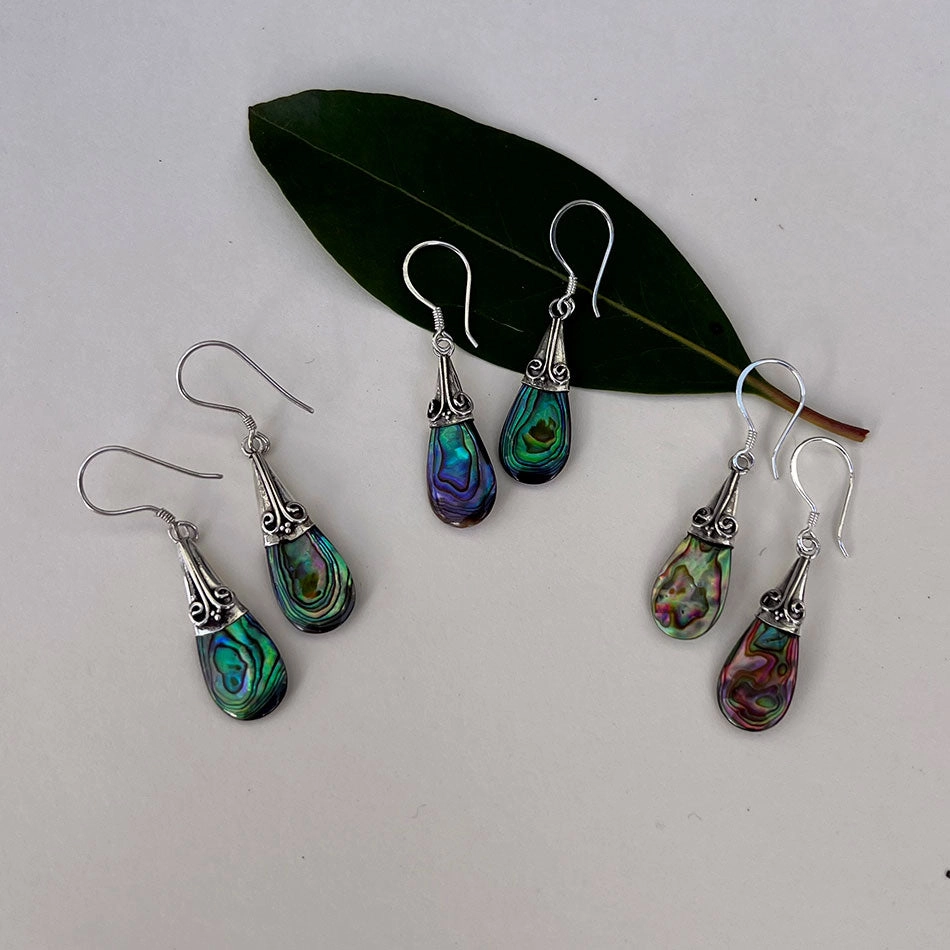 Abalone Filigree Teardrop Earrings - Sterling Silver, Indonesia