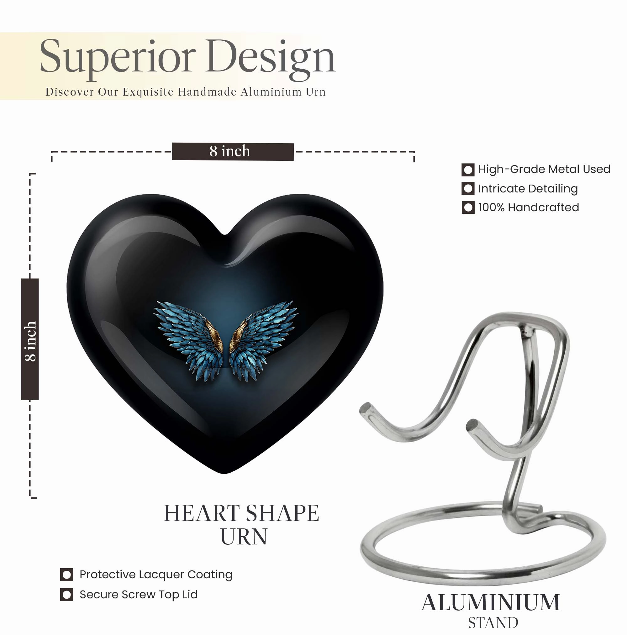 Blue Wings Tribute - Engravable Heart Urn for Cremation Ashes