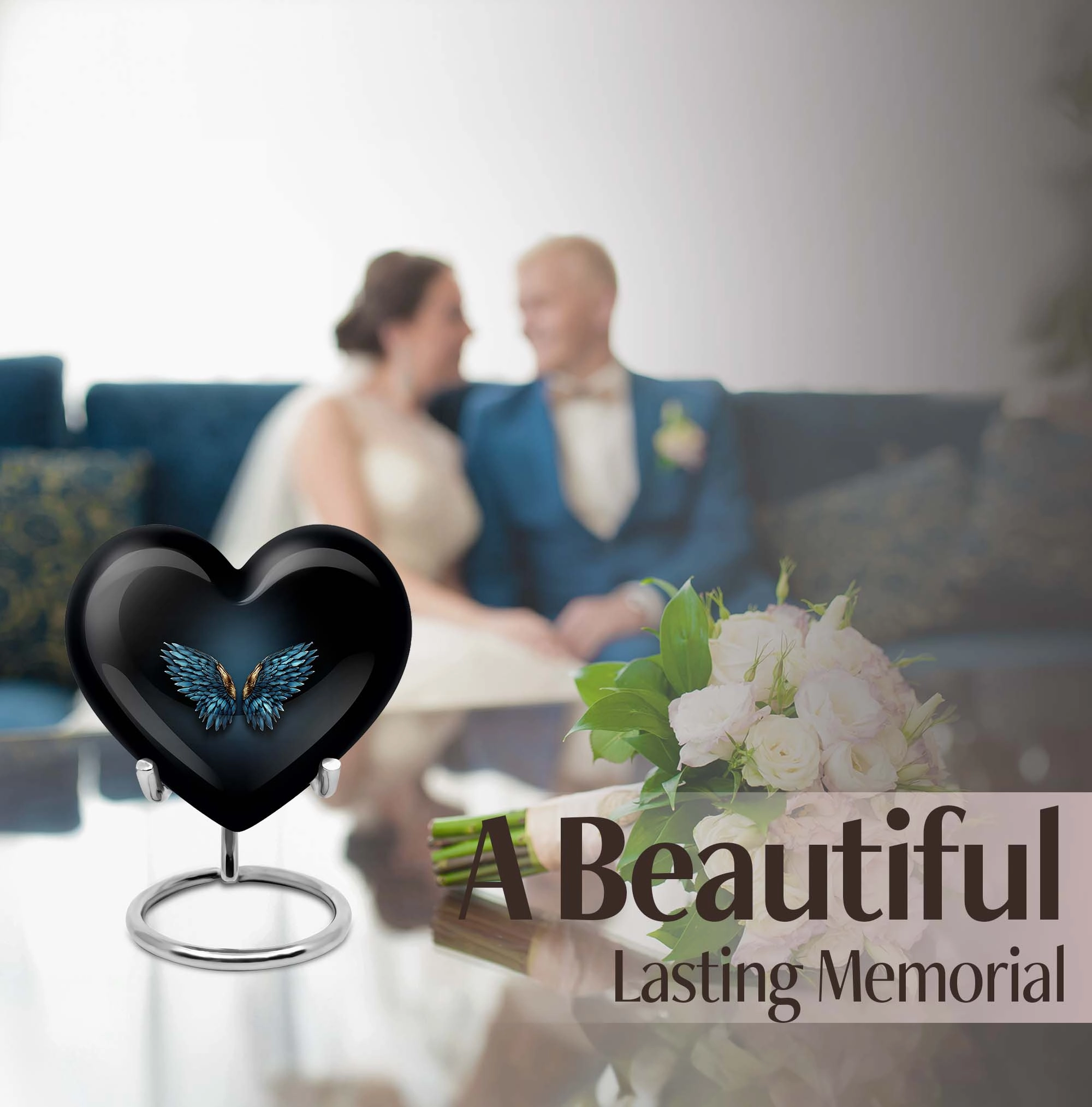 Blue Wings Tribute - Engravable Heart Urn for Cremation Ashes