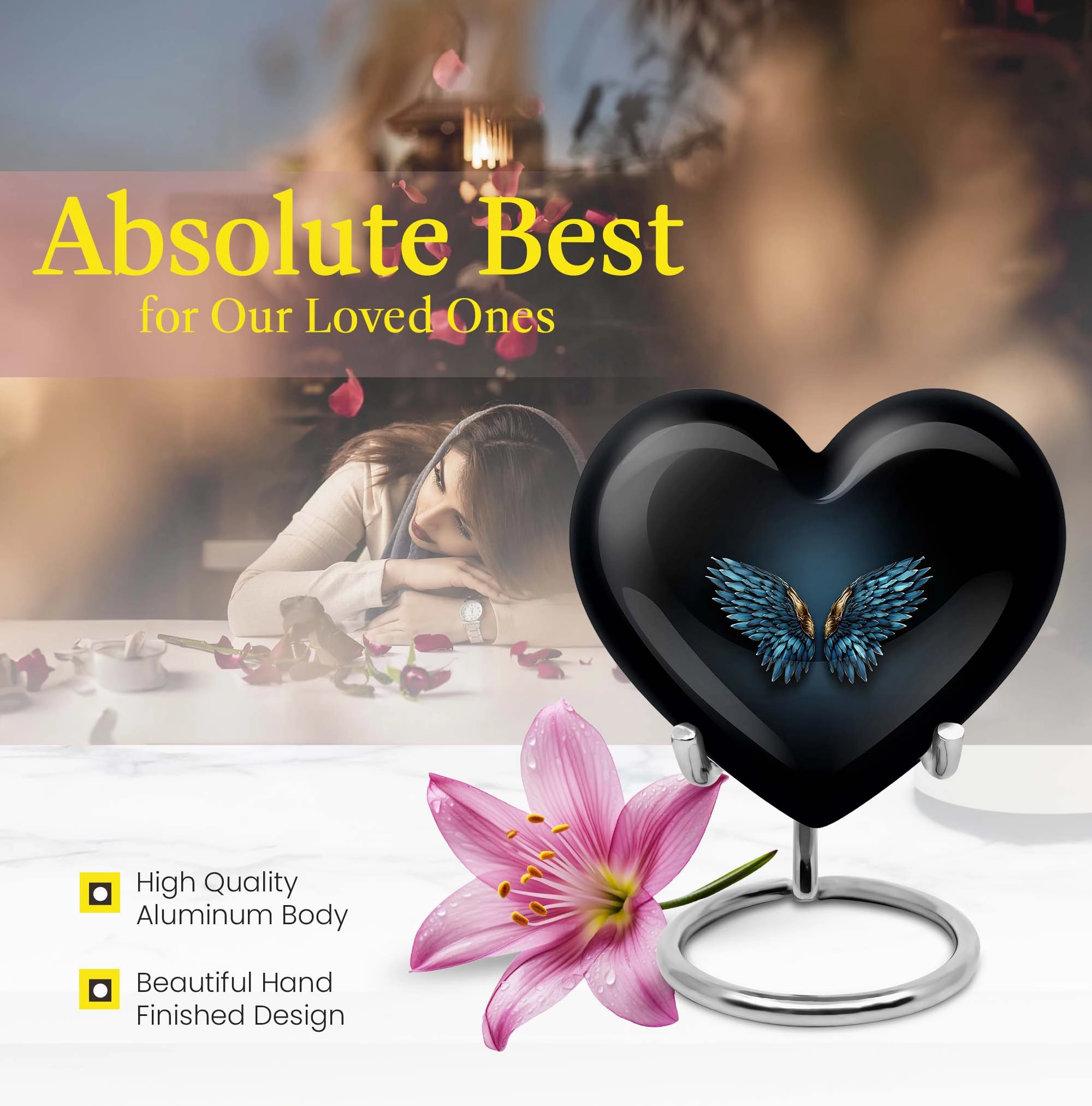 Blue Wings Tribute - Engravable Heart Urn for Cremation Ashes