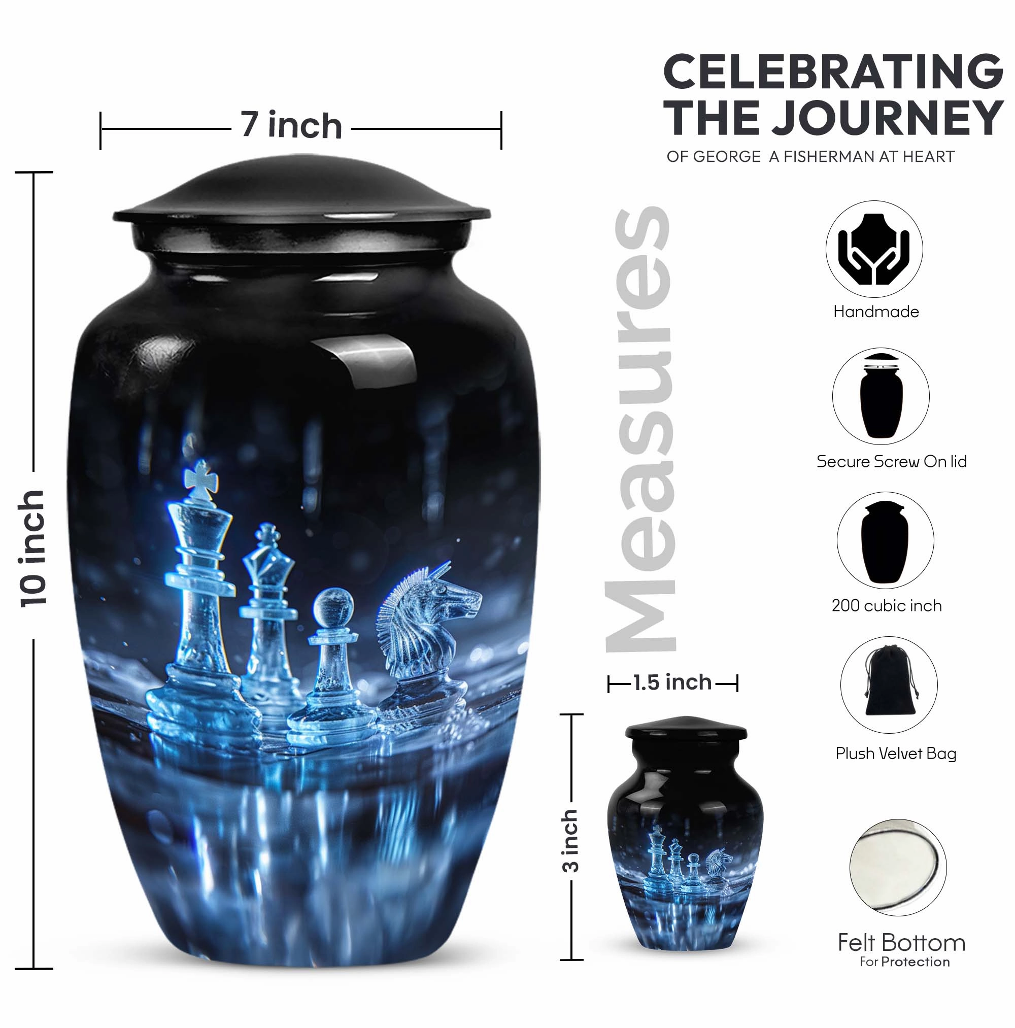 Chess Tribute:  Cremation Urn for Men, Solid Aluminum Build