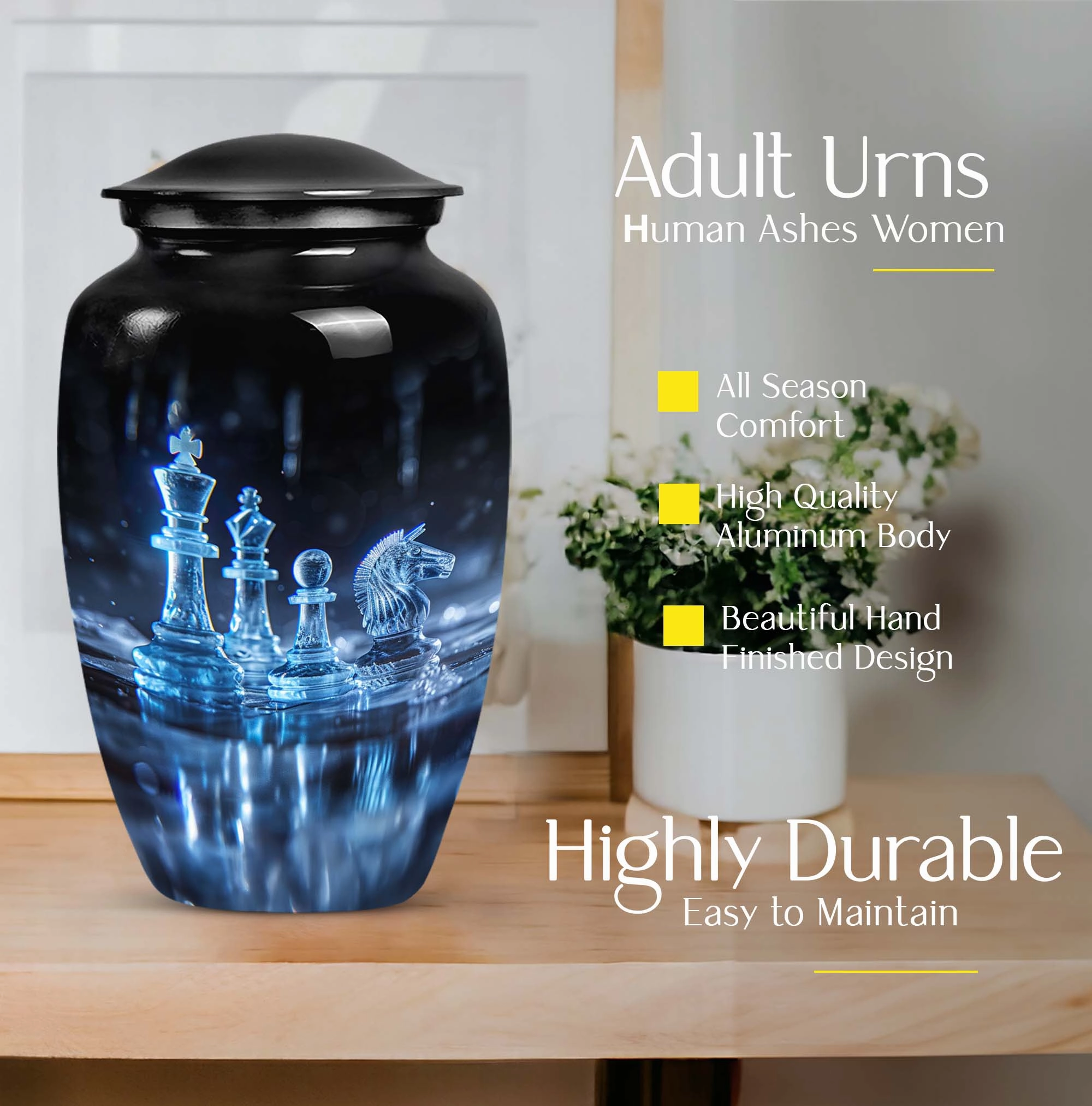 Chess Tribute:  Cremation Urn for Men, Solid Aluminum Build