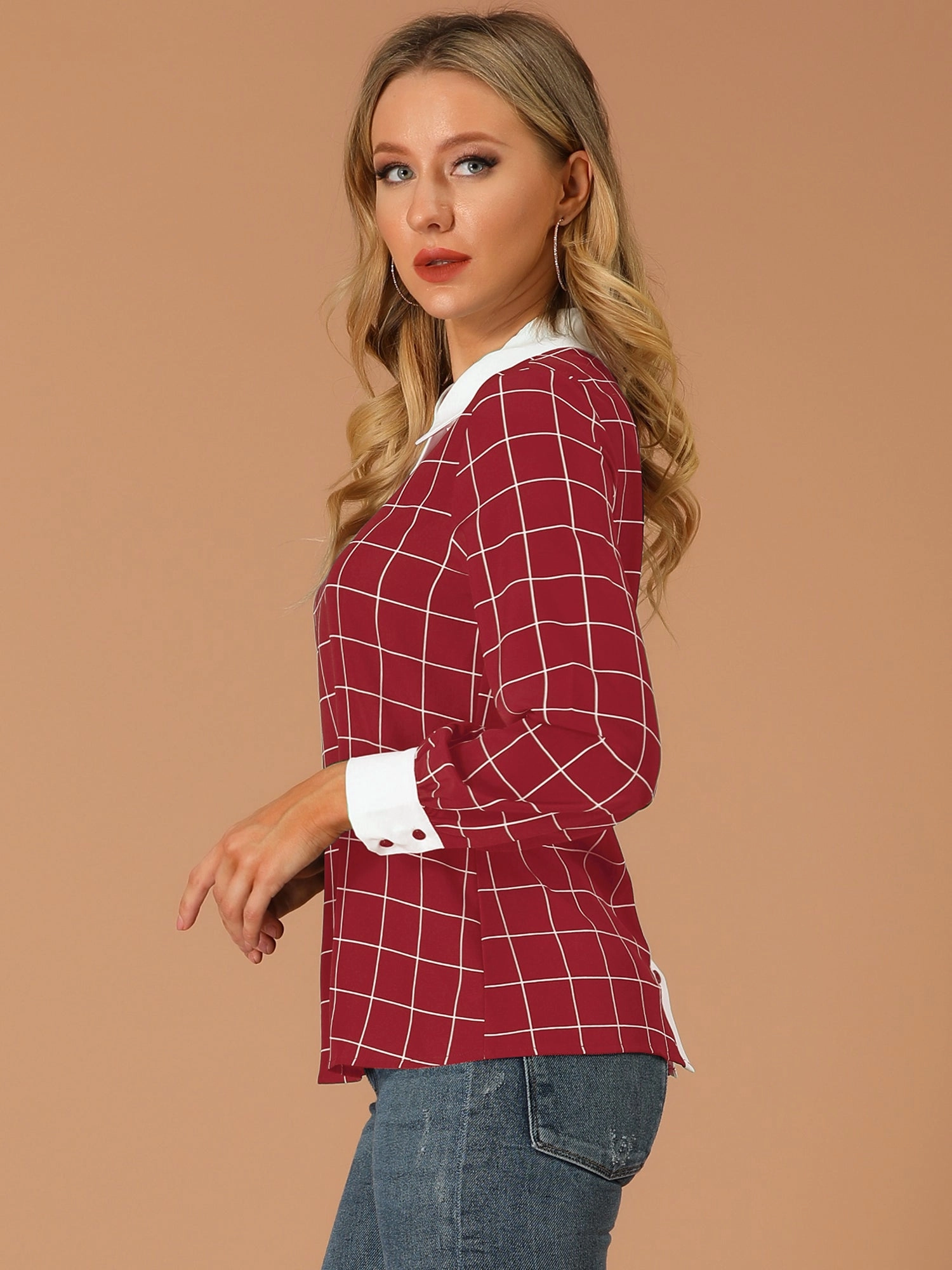 Contrast Turndown Collar Button Back Check Plaid Work Shirt