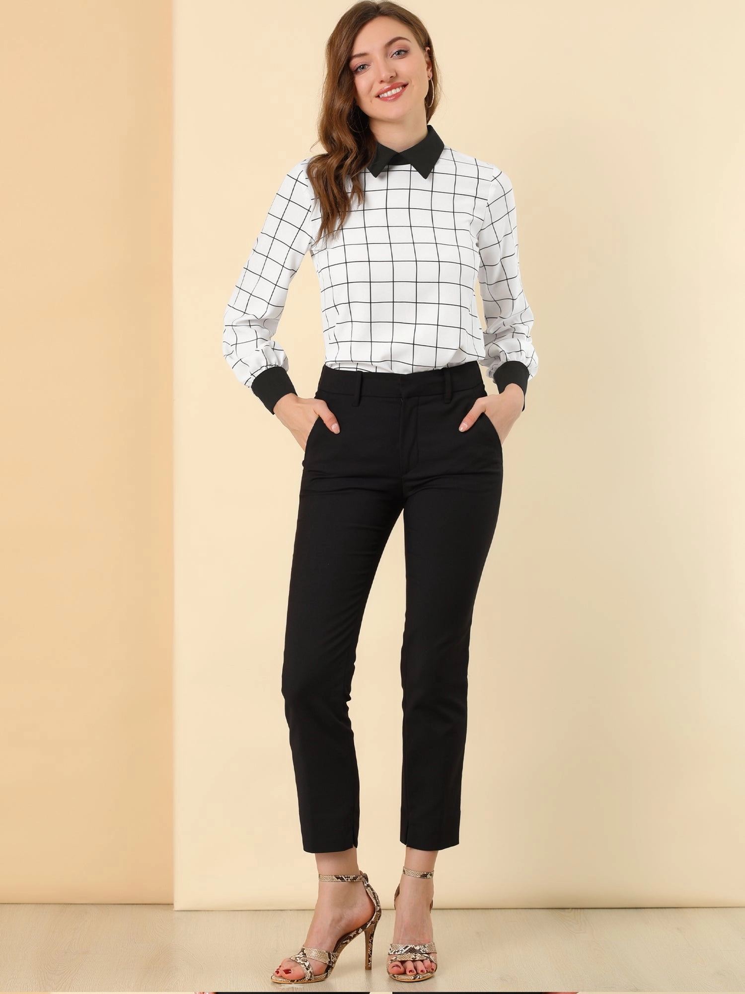 Contrast Turndown Collar Button Back Check Plaid Work Shirt