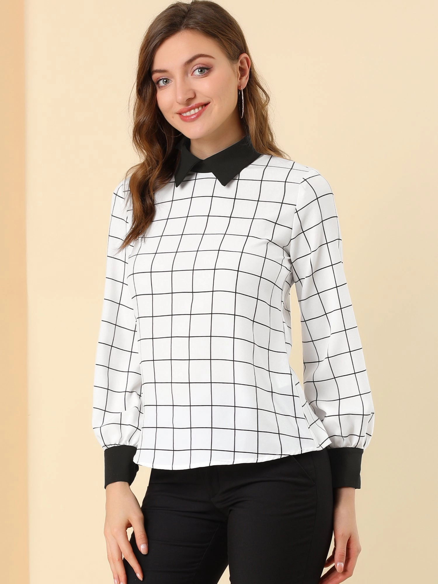 Contrast Turndown Collar Button Back Check Plaid Work Shirt