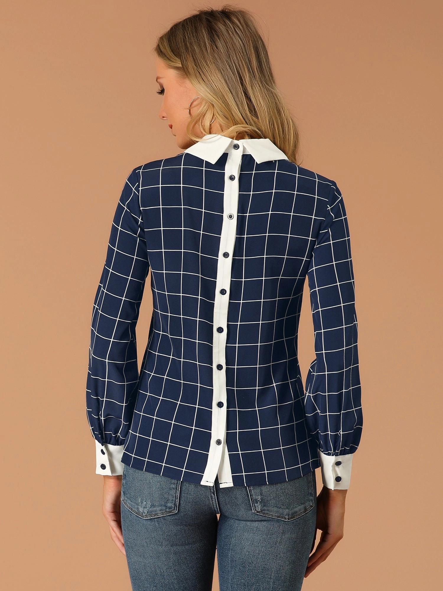 Contrast Turndown Collar Button Back Check Plaid Work Shirt