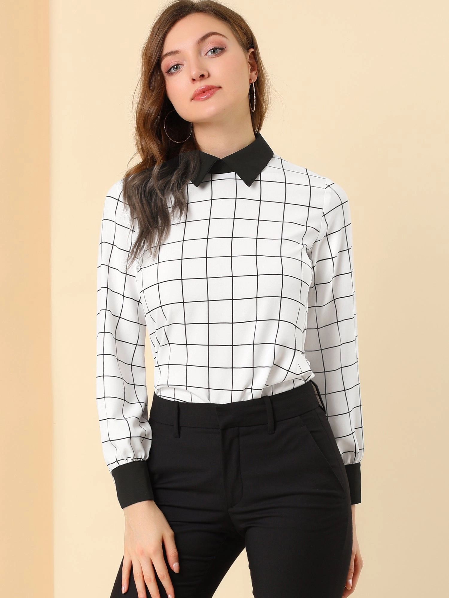 Contrast Turndown Collar Button Back Check Plaid Work Shirt