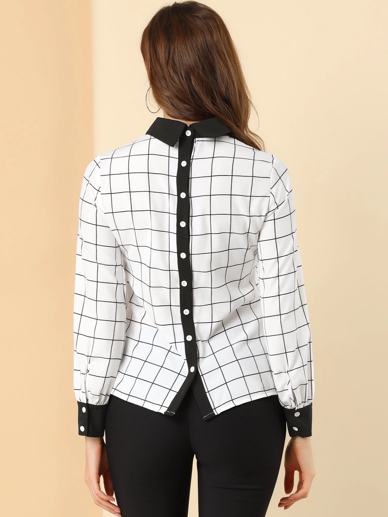 Contrast Turndown Collar Button Back Check Plaid Work Shirt