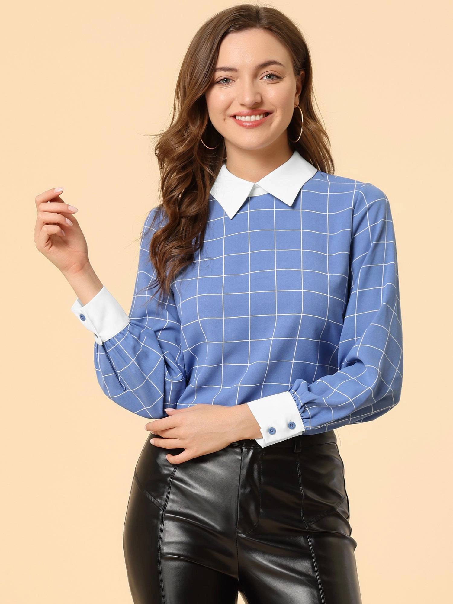 Contrast Turndown Collar Button Back Check Plaid Work Shirt