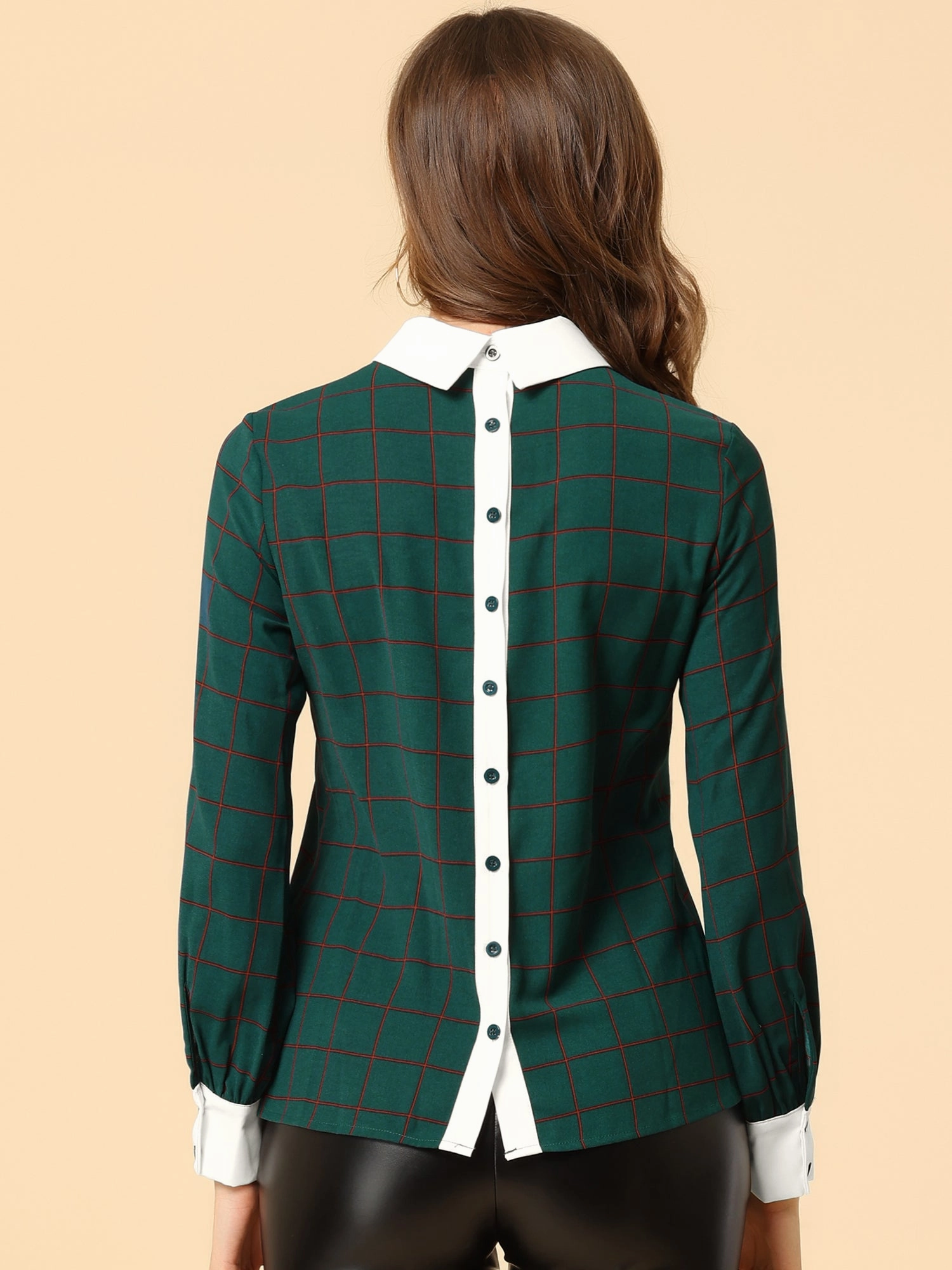 Contrast Turndown Collar Button Back Check Plaid Work Shirt