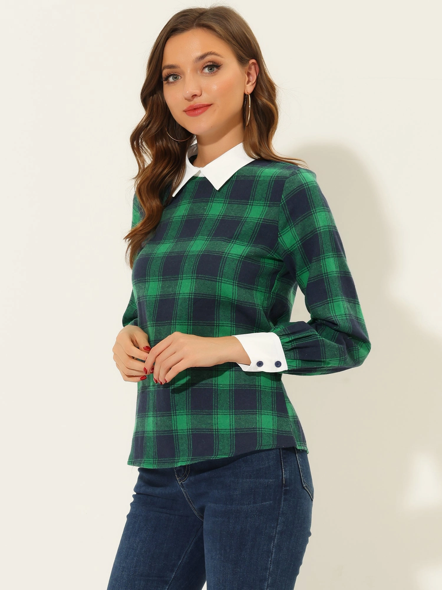 Contrast Turndown Collar Button Back Check Plaid Work Shirt