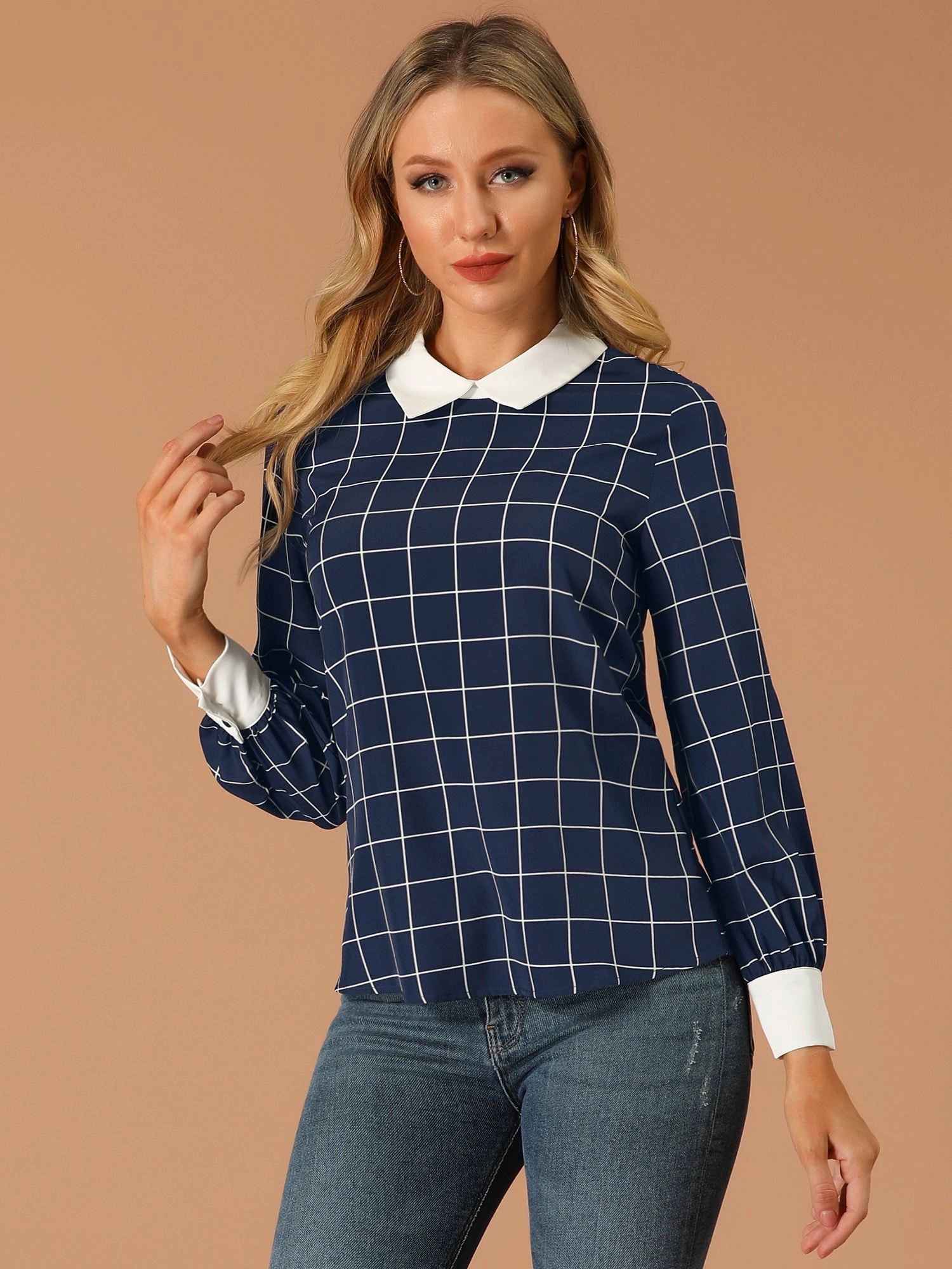 Contrast Turndown Collar Button Back Check Plaid Work Shirt