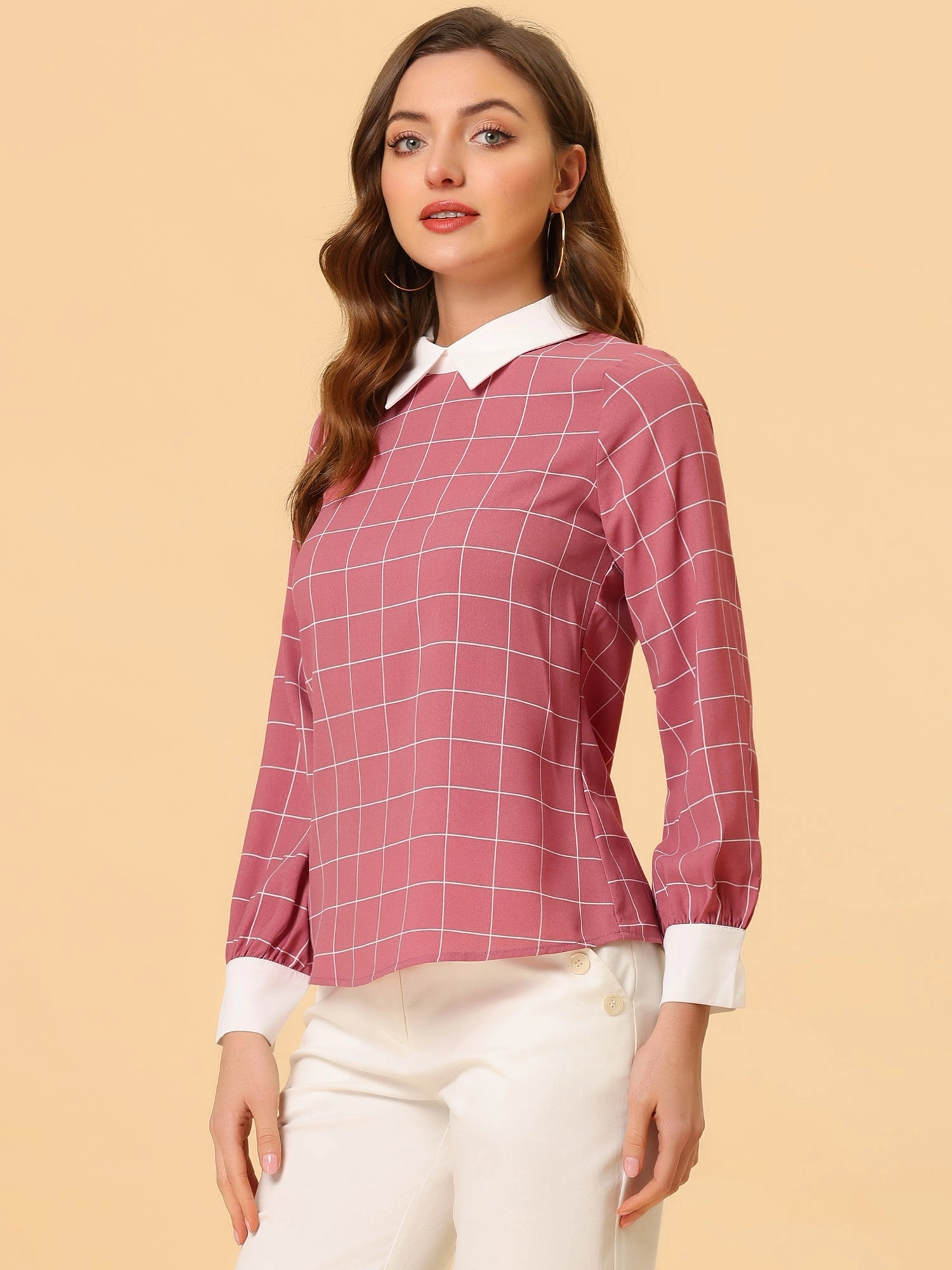 Contrast Turndown Collar Button Back Check Plaid Work Shirt