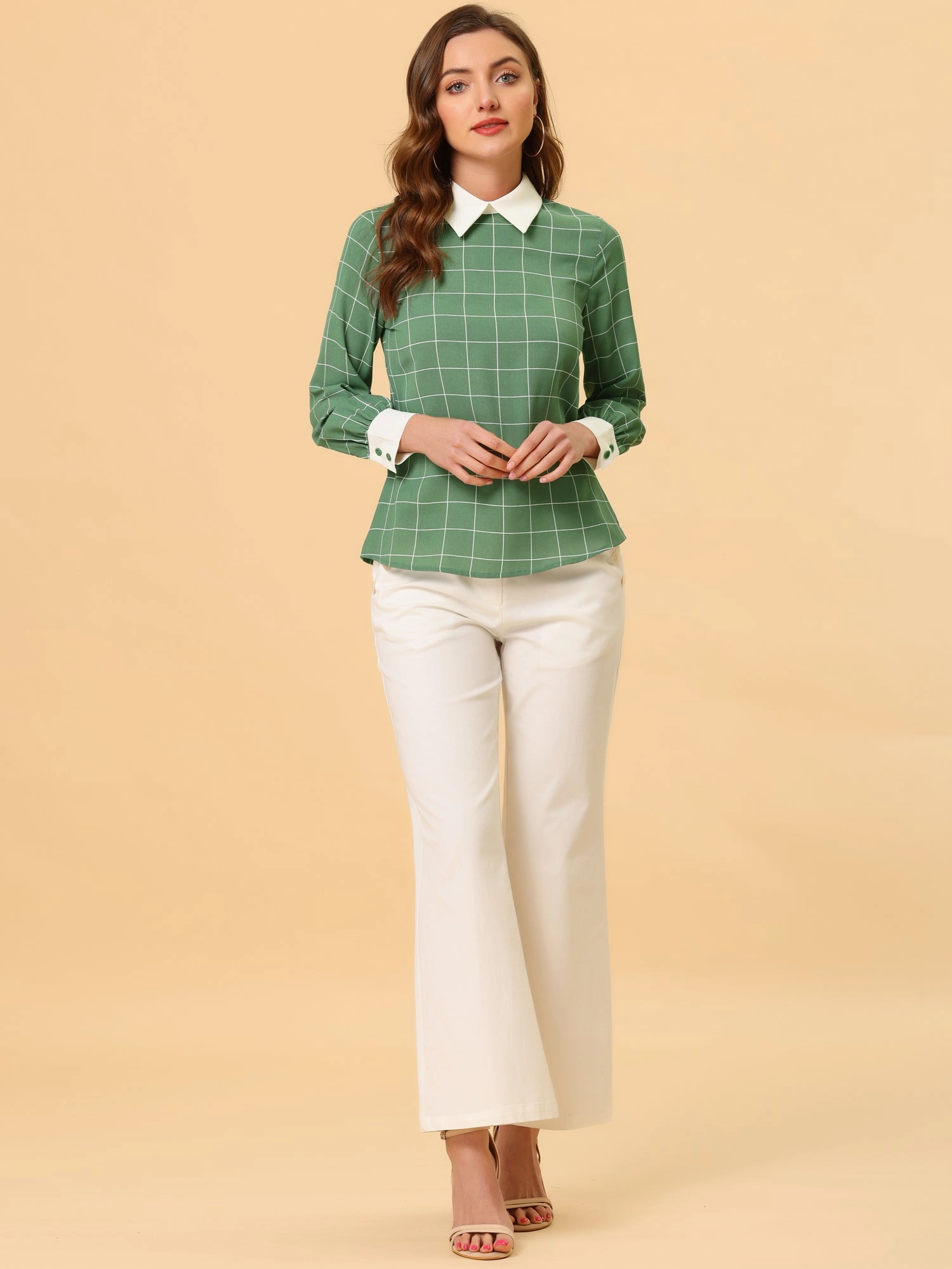 Contrast Turndown Collar Button Back Check Plaid Work Shirt