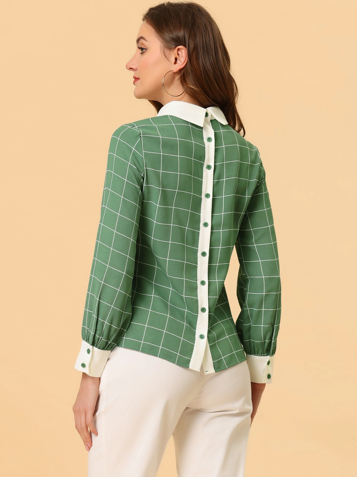 Contrast Turndown Collar Button Back Check Plaid Work Shirt