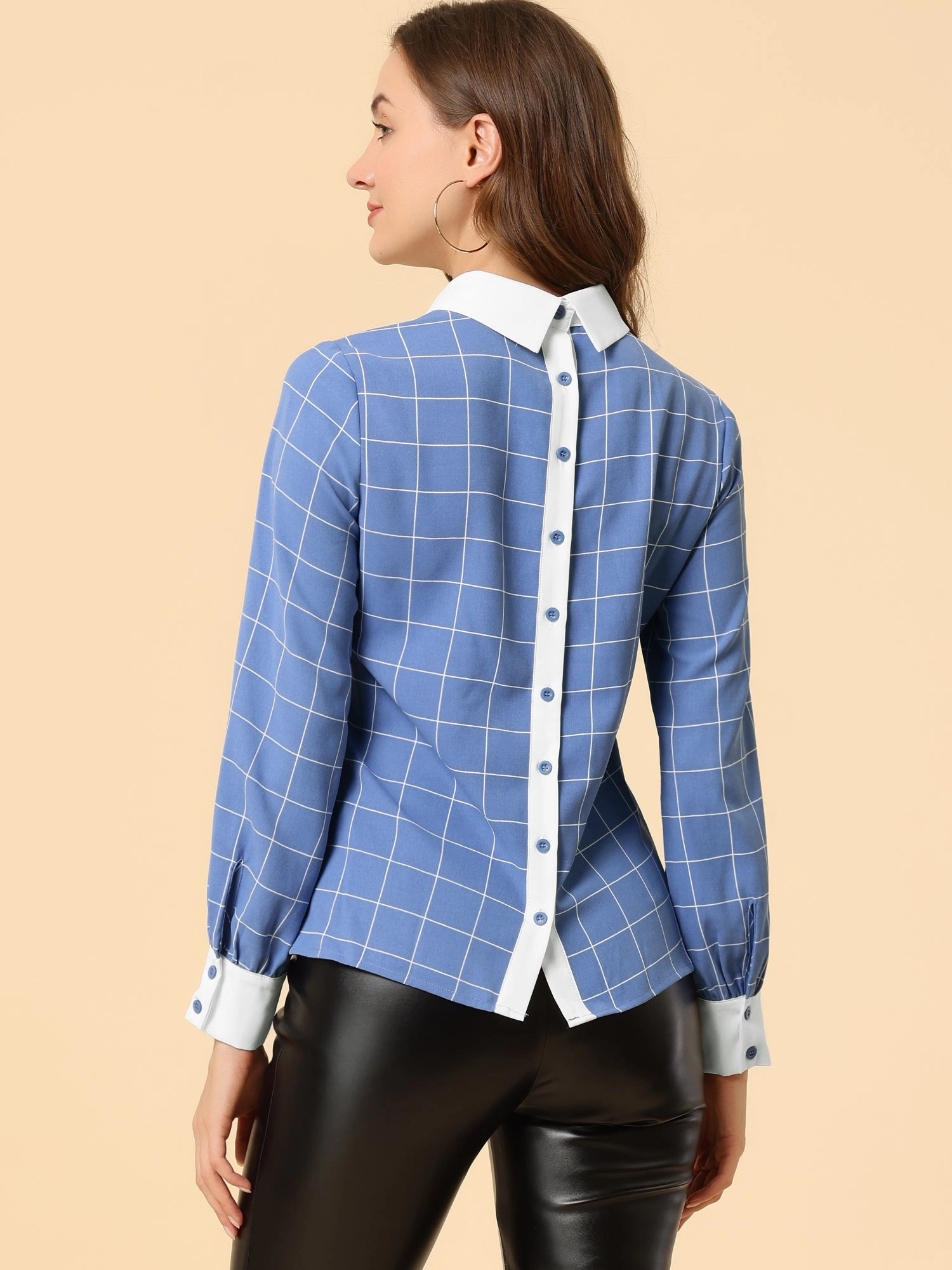 Contrast Turndown Collar Button Back Check Plaid Work Shirt
