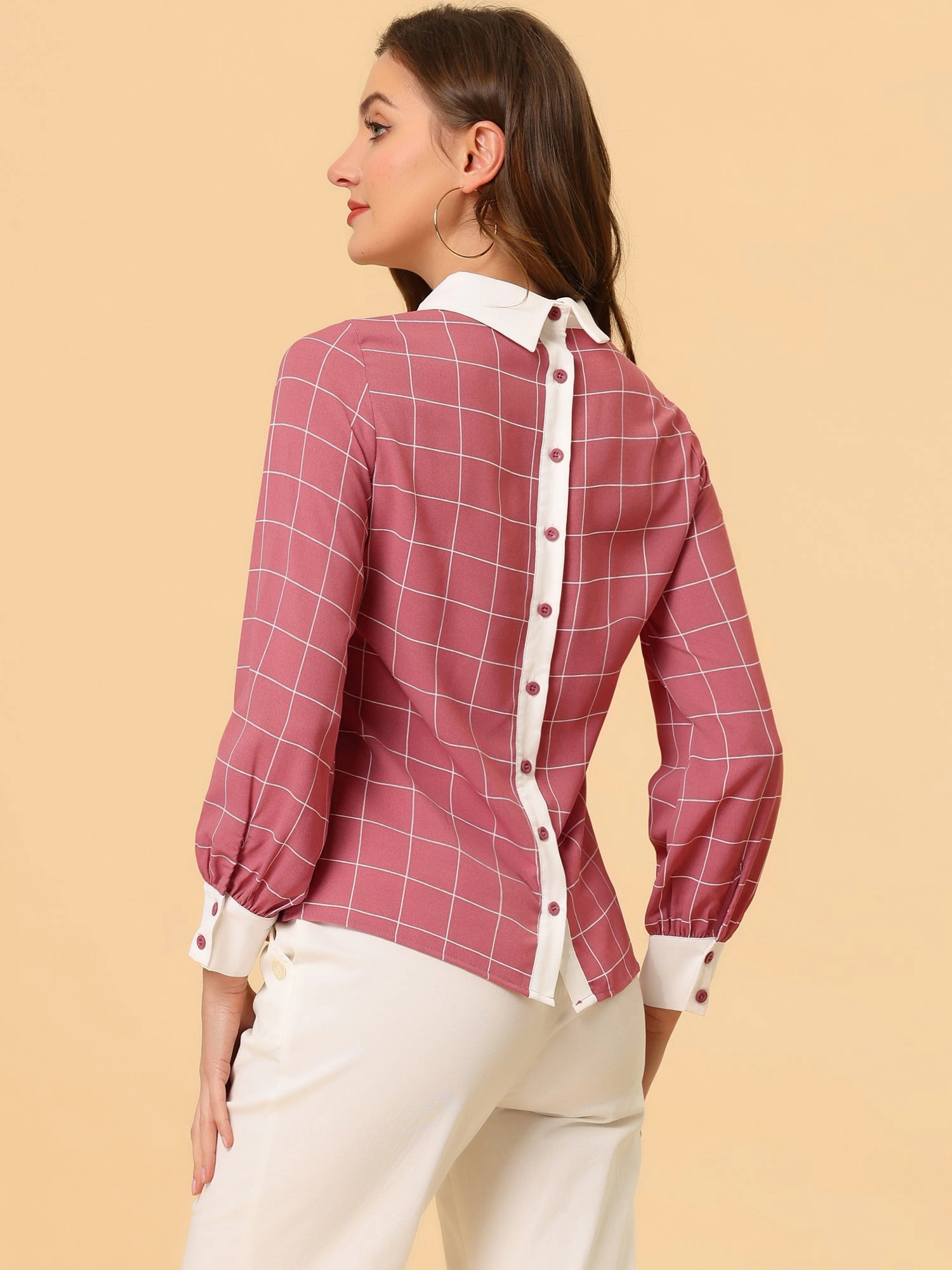 Contrast Turndown Collar Button Back Check Plaid Work Shirt