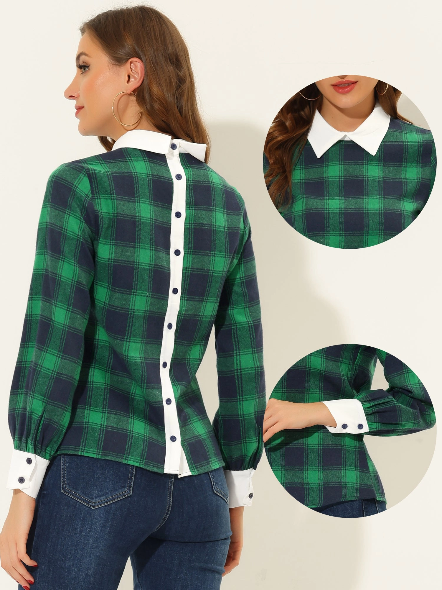 Contrast Turndown Collar Button Back Check Plaid Work Shirt
