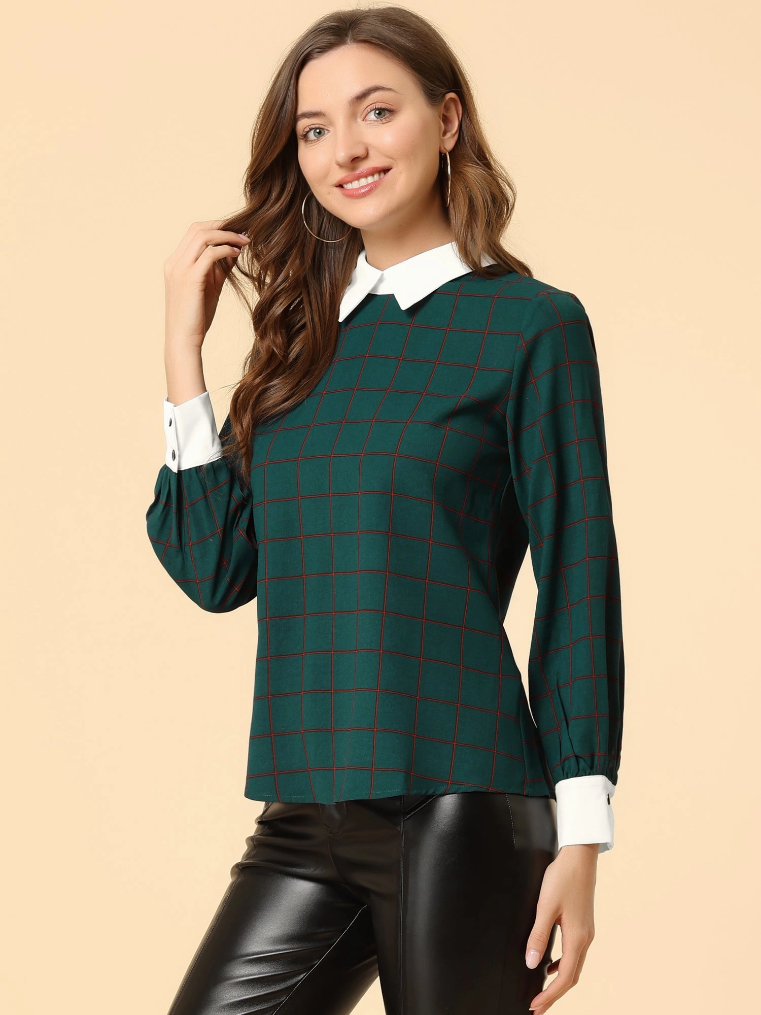 Contrast Turndown Collar Button Back Check Plaid Work Shirt