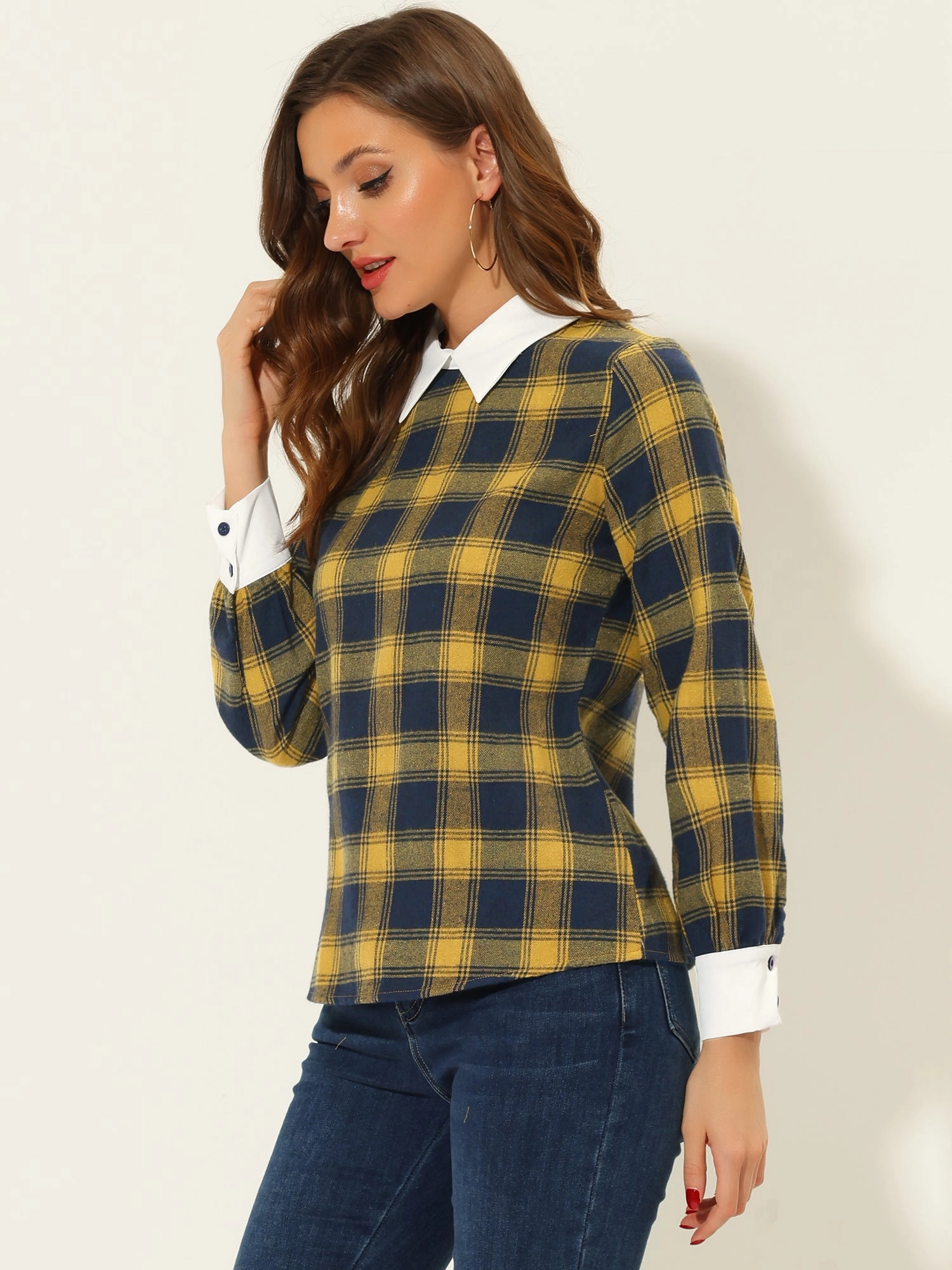 Contrast Turndown Collar Button Back Check Plaid Work Shirt