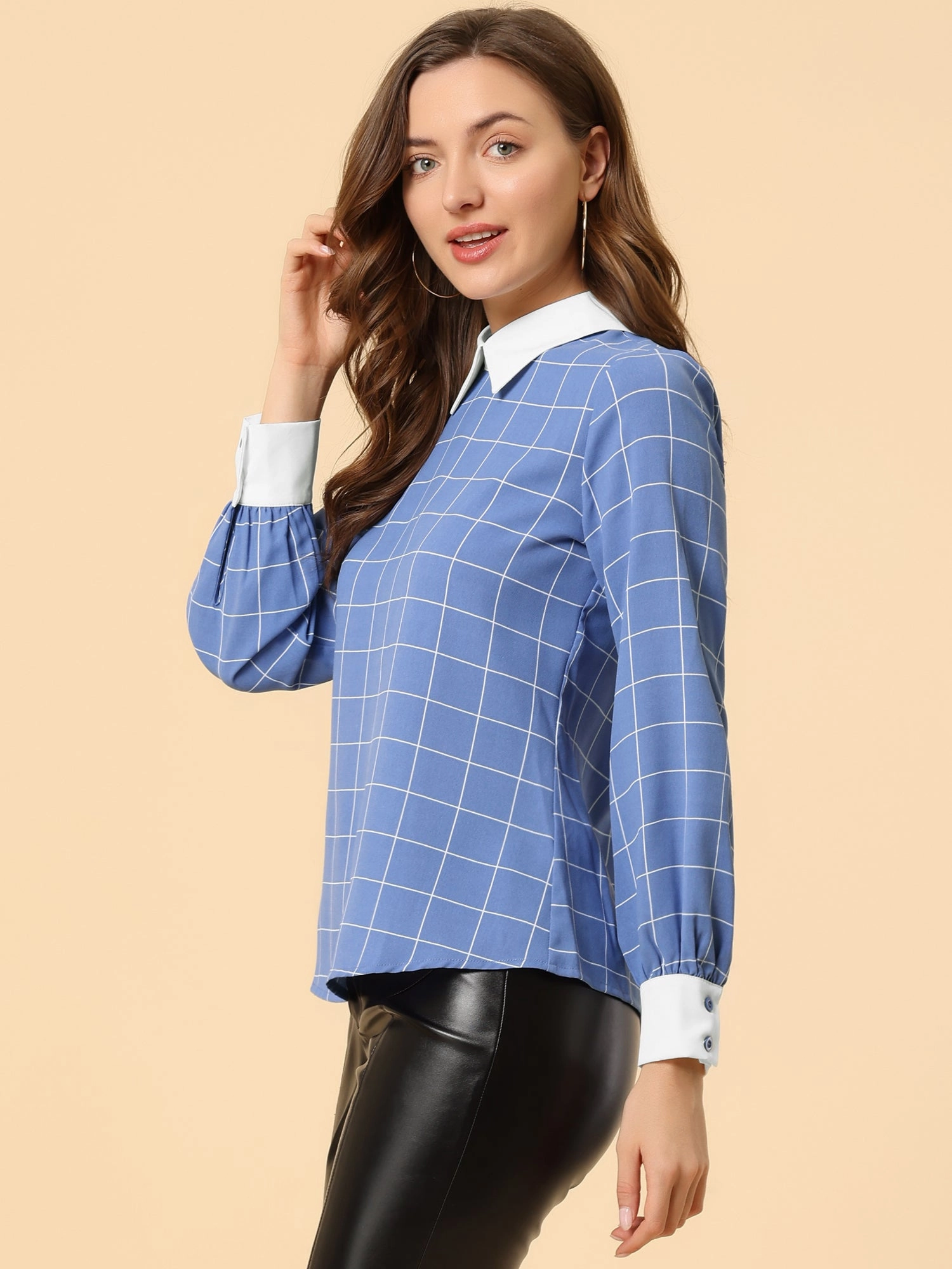 Contrast Turndown Collar Button Back Check Plaid Work Shirt