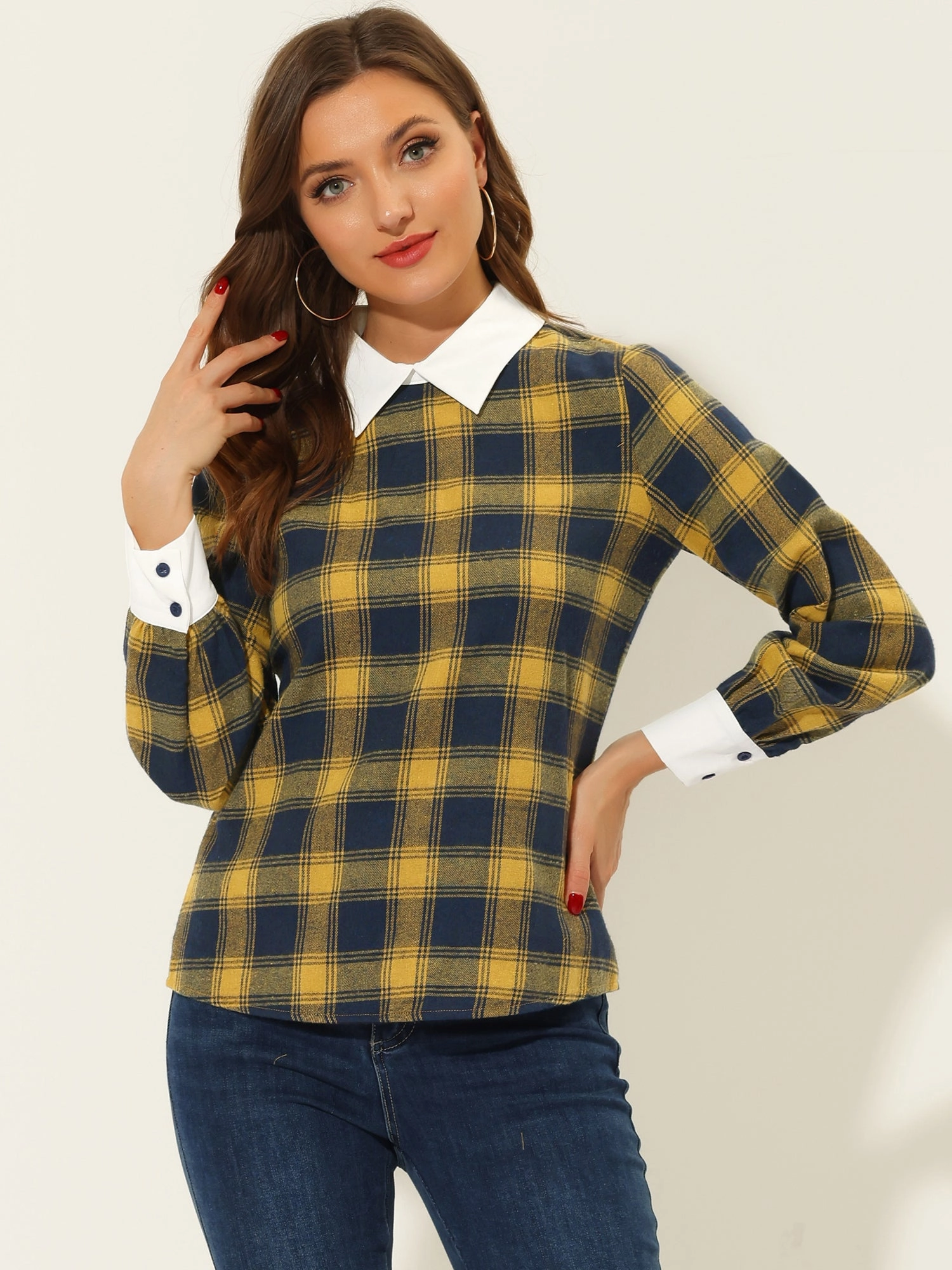 Contrast Turndown Collar Button Back Check Plaid Work Shirt