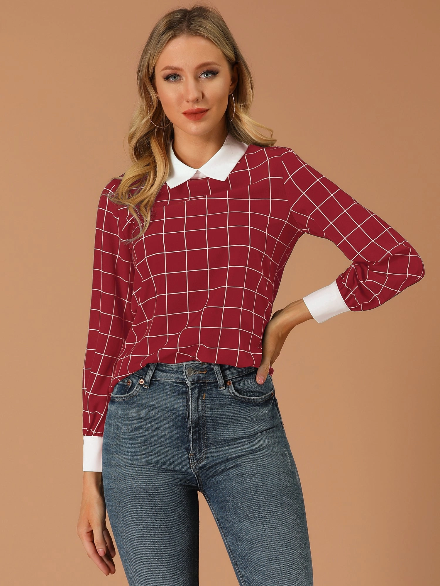 Contrast Turndown Collar Button Back Check Plaid Work Shirt
