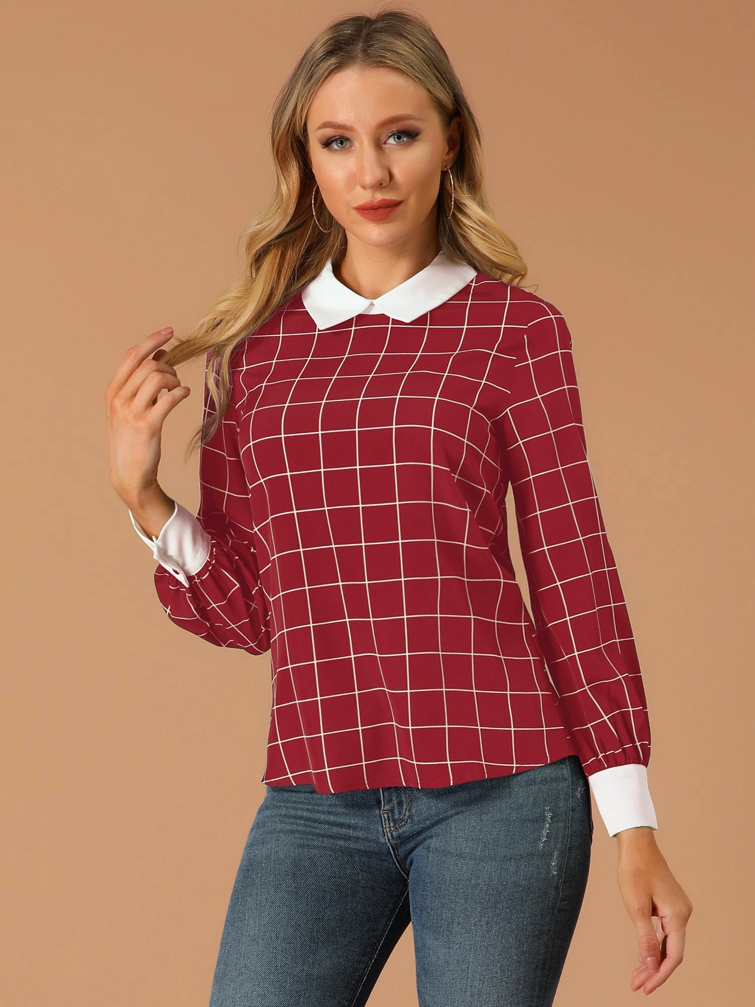 Contrast Turndown Collar Button Back Check Plaid Work Shirt