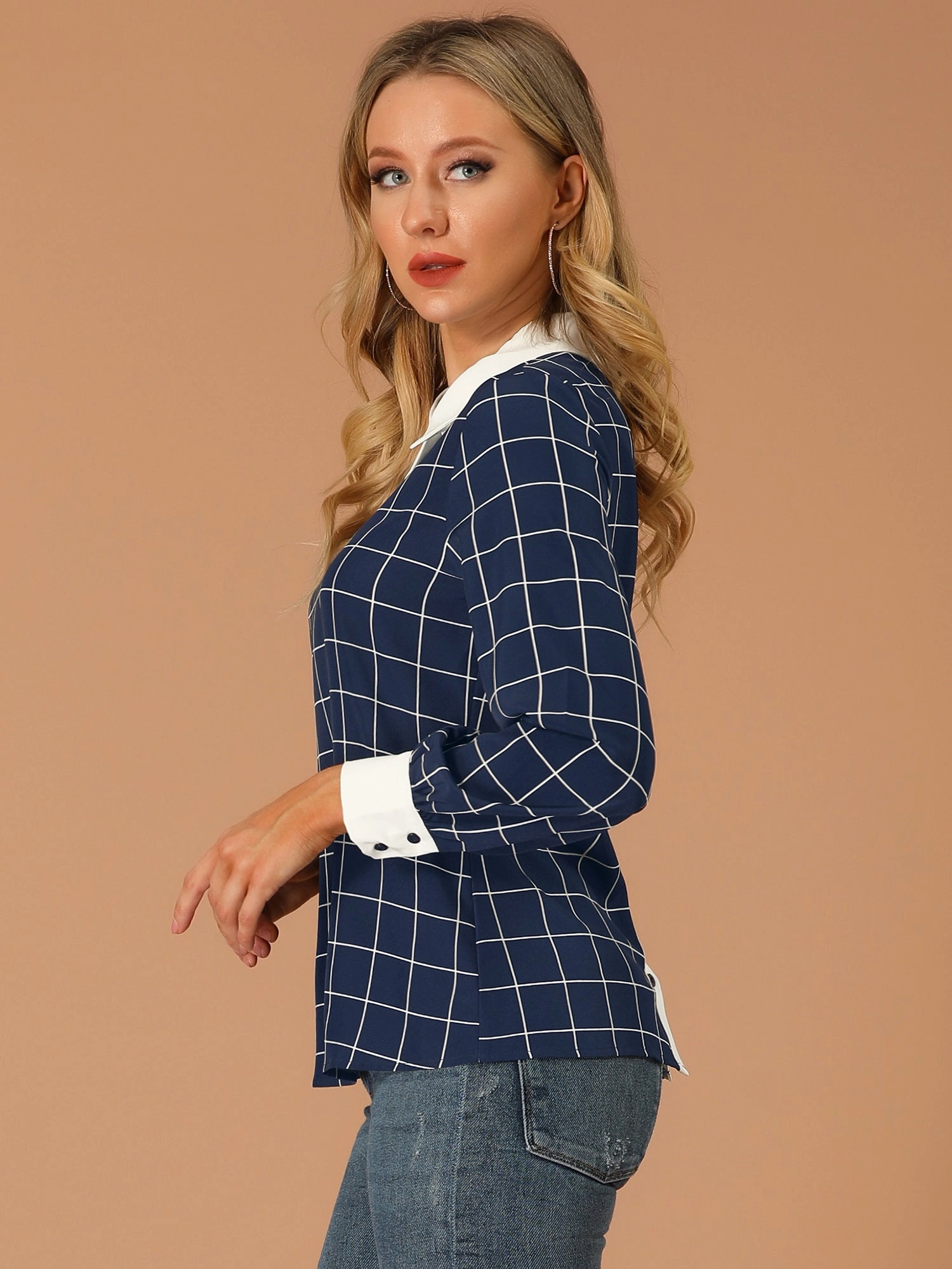 Contrast Turndown Collar Button Back Check Plaid Work Shirt