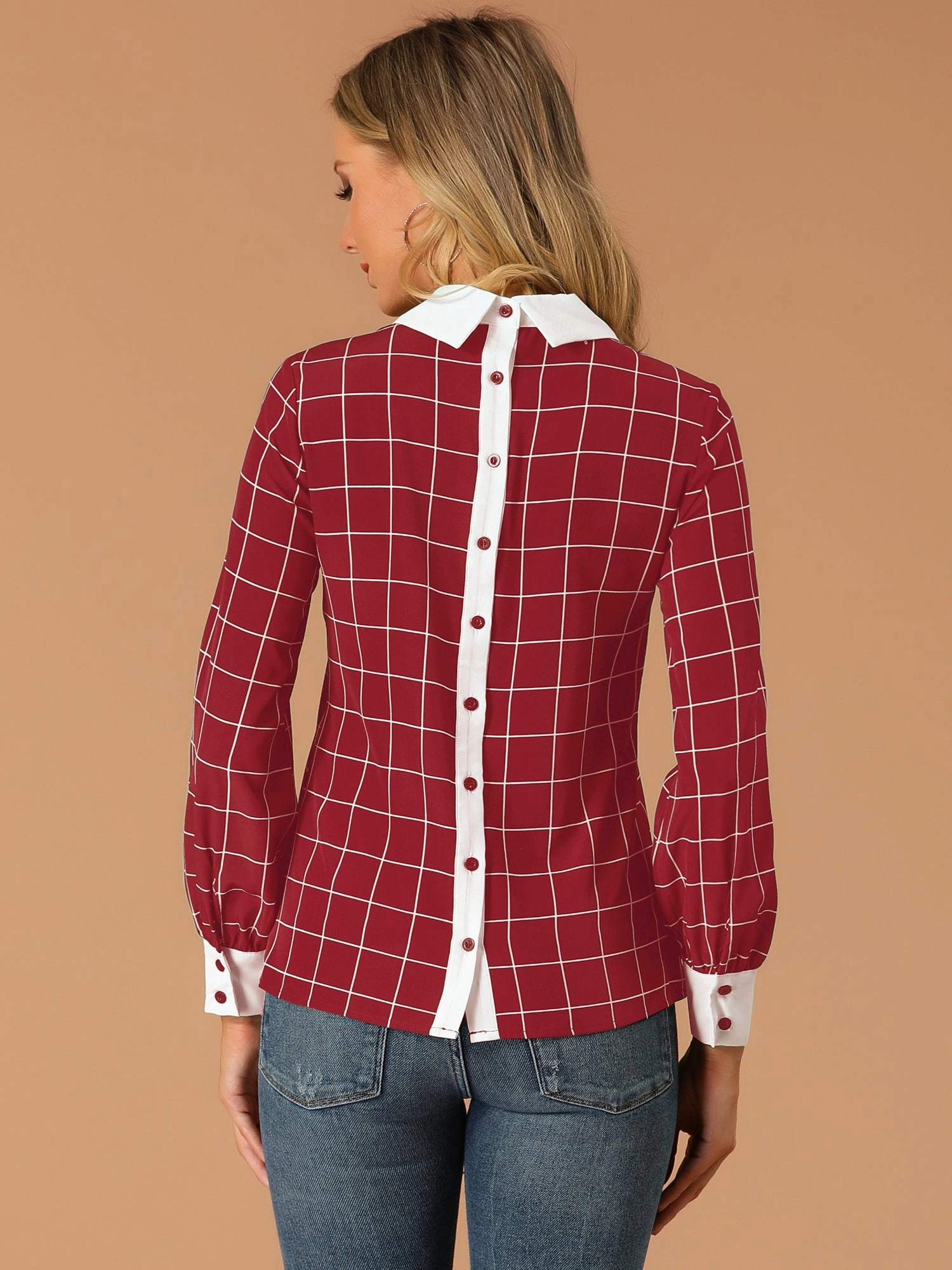 Contrast Turndown Collar Button Back Check Plaid Work Shirt