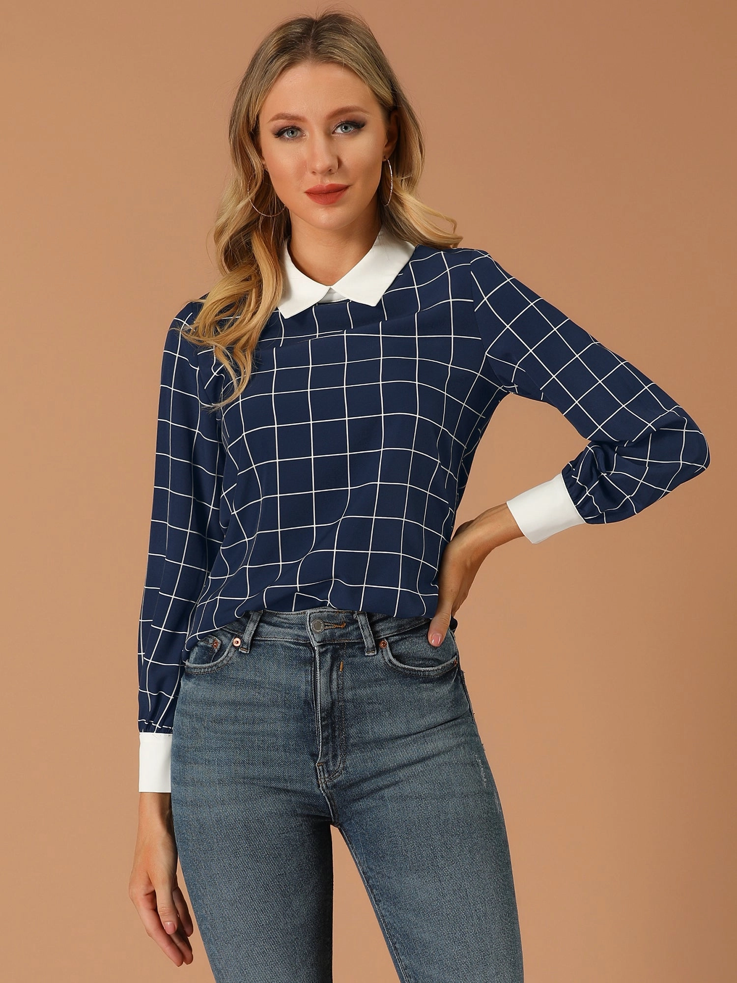 Contrast Turndown Collar Button Back Check Plaid Work Shirt