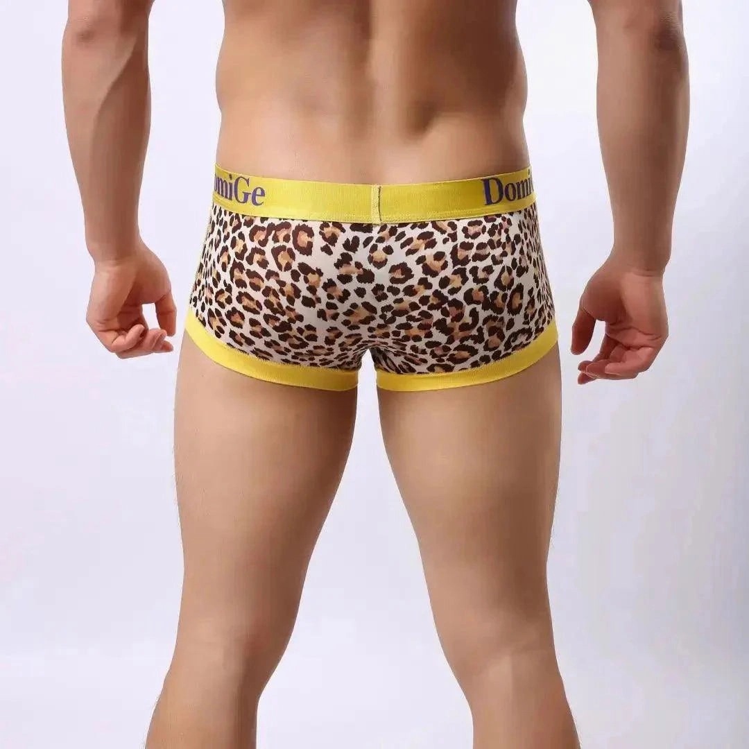 DomiGe Men's Low-Rise Leopard Trunks Stretchy Underwear with Gold Waistband