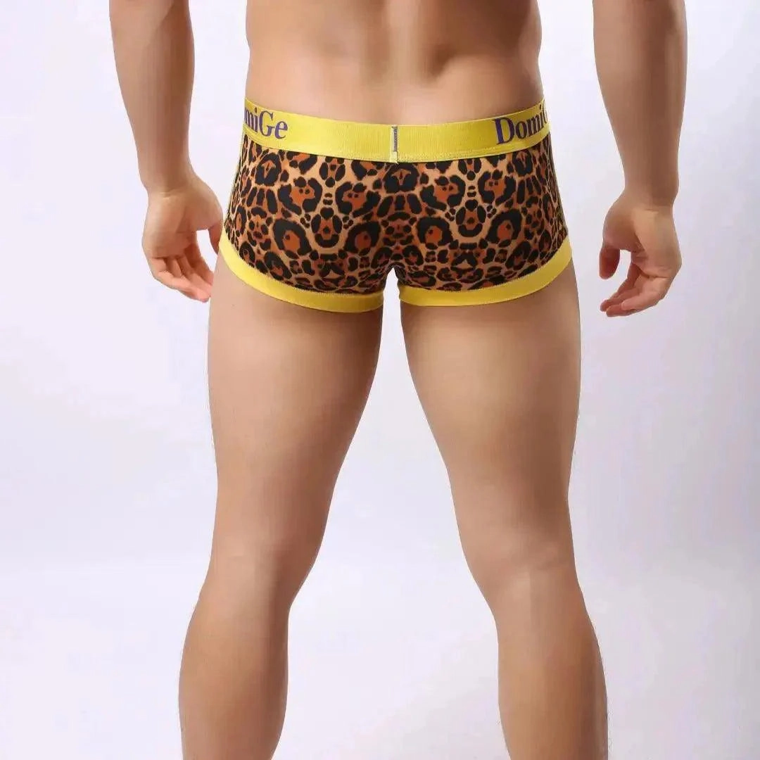 DomiGe Men's Low-Rise Leopard Trunks Stretchy Underwear with Gold Waistband