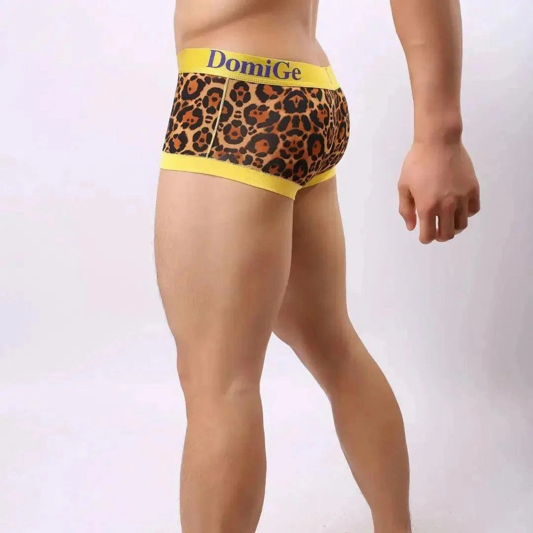 DomiGe Men's Low-Rise Leopard Trunks Stretchy Underwear with Gold Waistband