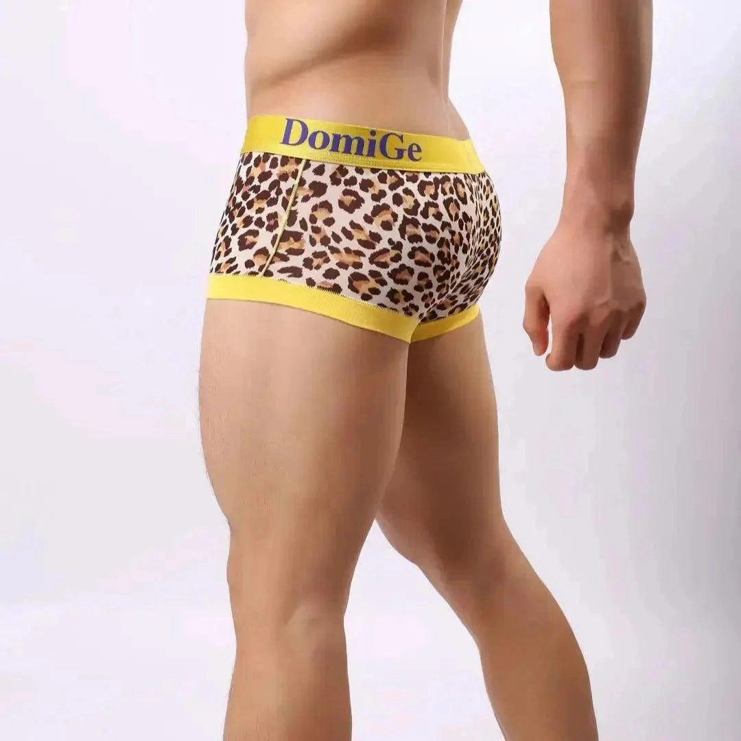 DomiGe Men's Low-Rise Leopard Trunks Stretchy Underwear with Gold Waistband