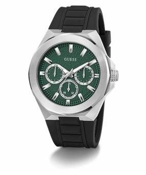 GUESS Mens Black Silver Tone Multi-function Watch