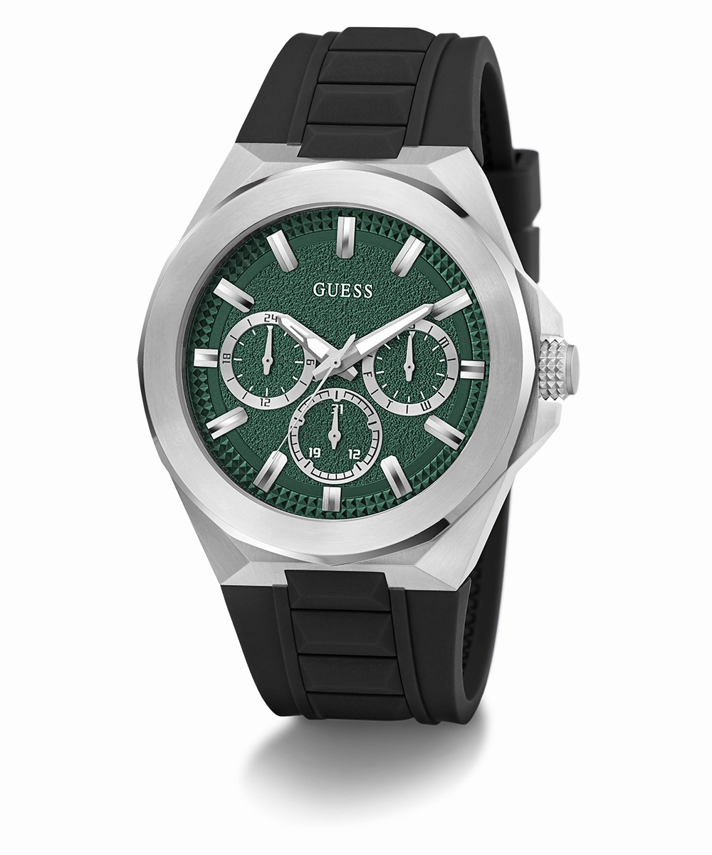 GUESS Mens Black Silver Tone Multi-function Watch