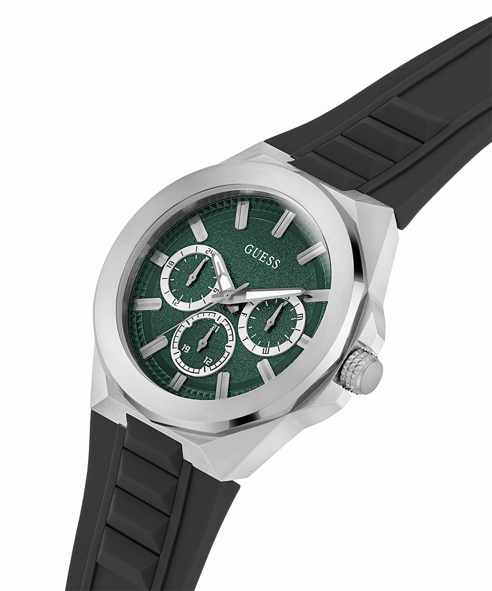 GUESS Mens Black Silver Tone Multi-function Watch