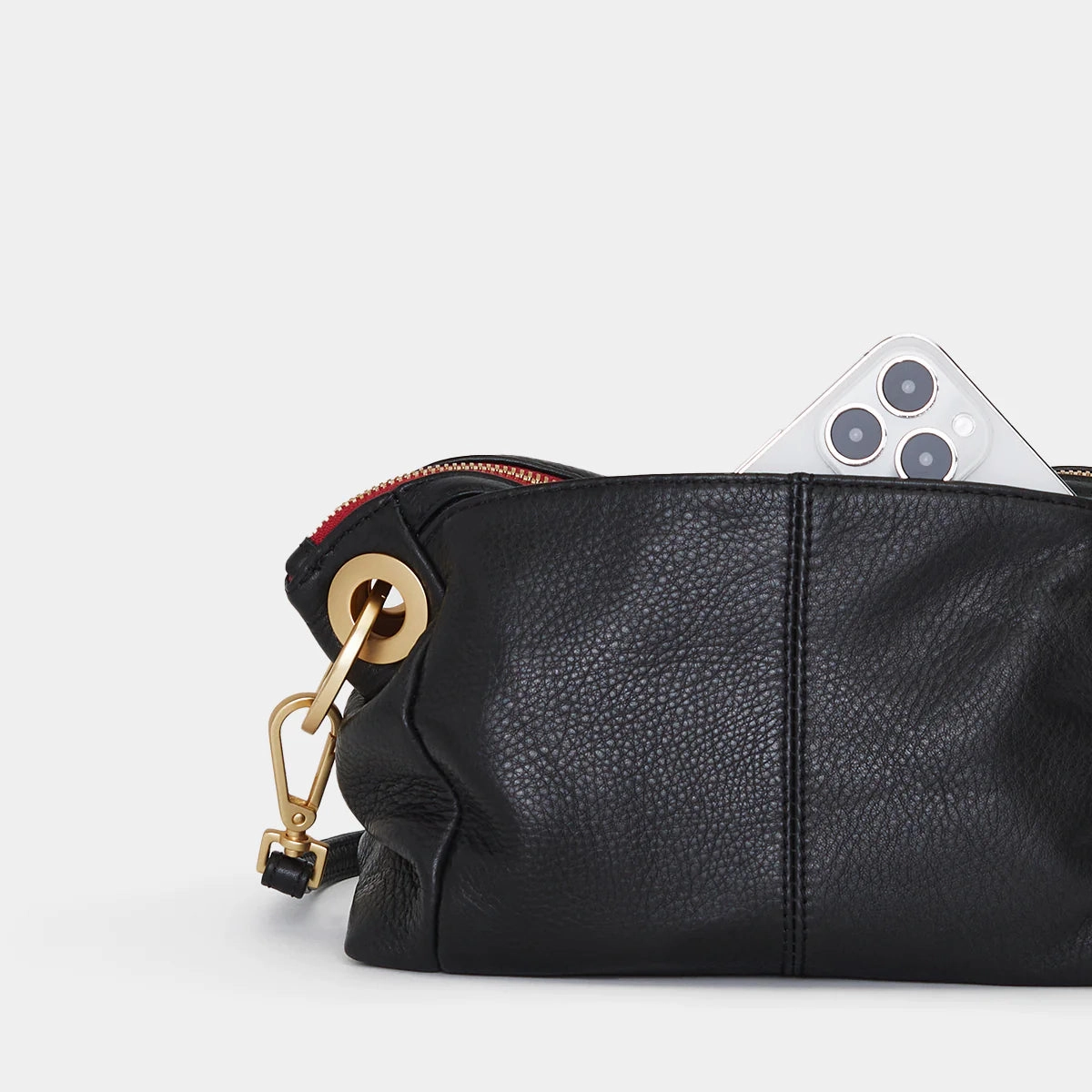 Hammitt Daniel Sml Leather Crossbody Clutch Bag Black/Brushed Gold Red Zip