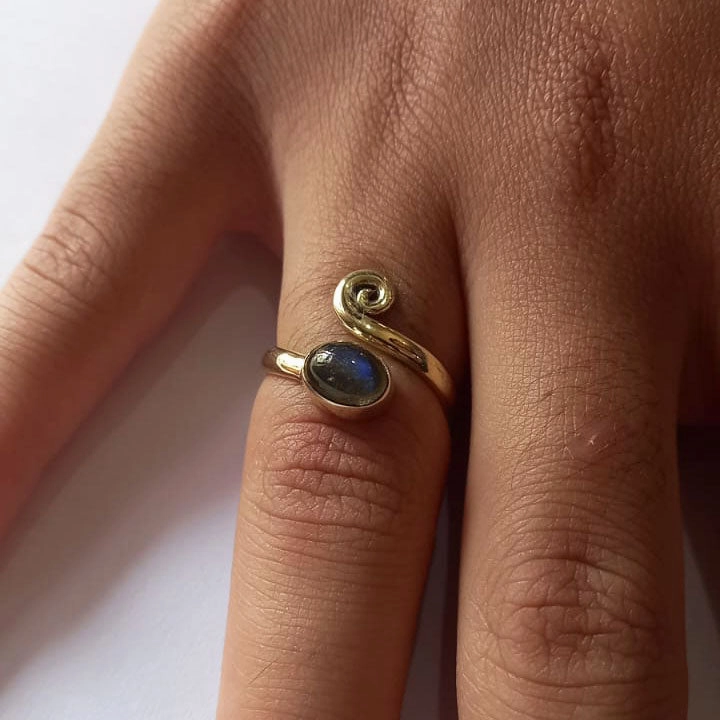 Labradorite Spiral Adjustable Ring- Brass, Indonesia