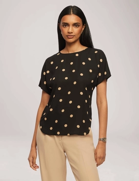 Large Dot Bateau Neck Short Sleeve Blouse - Sale
