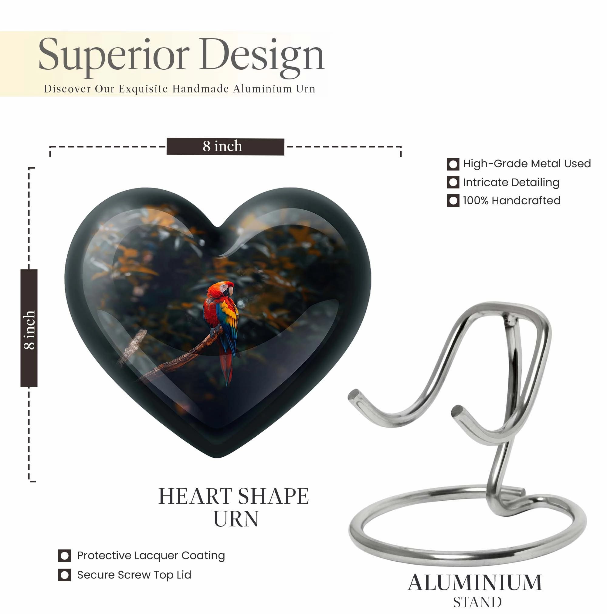 Macaw Parrot-themed, Memorial Urn - Large Heart Design