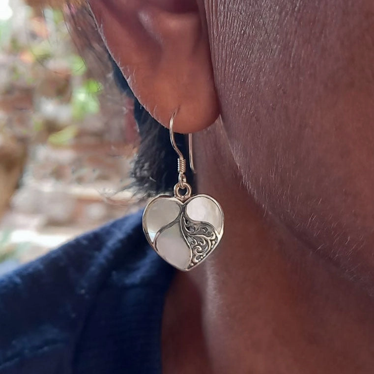 Mother-of-Pearl Heart Earrings -Sterling Silver, Indonesia