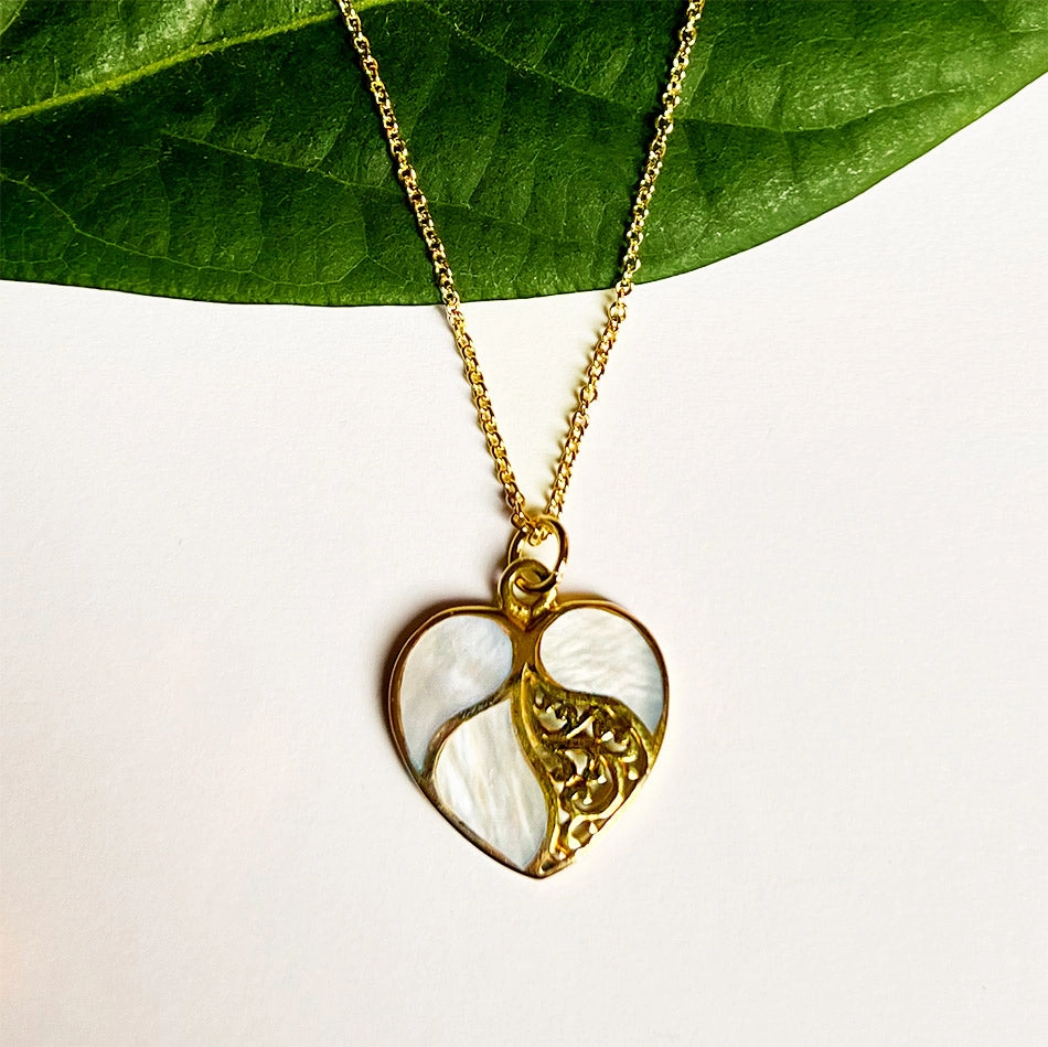 Mother-Of-Pearl Heart Necklace - Brass, Indonesia