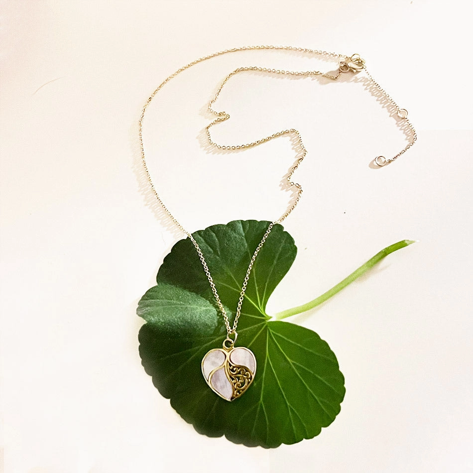 Mother-Of-Pearl Heart Necklace - Brass, Indonesia