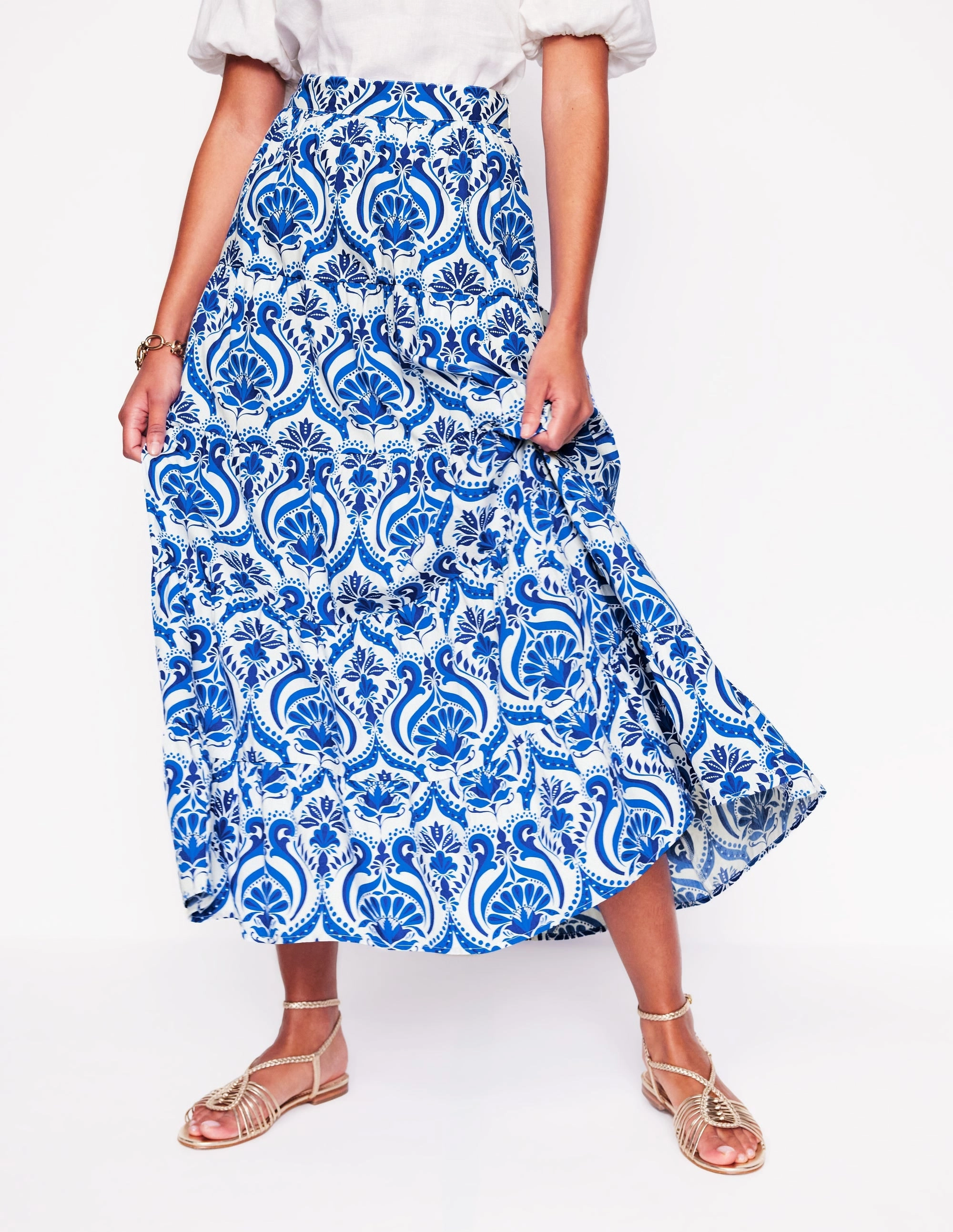 Nadia Poplin Maxi Skirt-Blue. Ornamental Floral