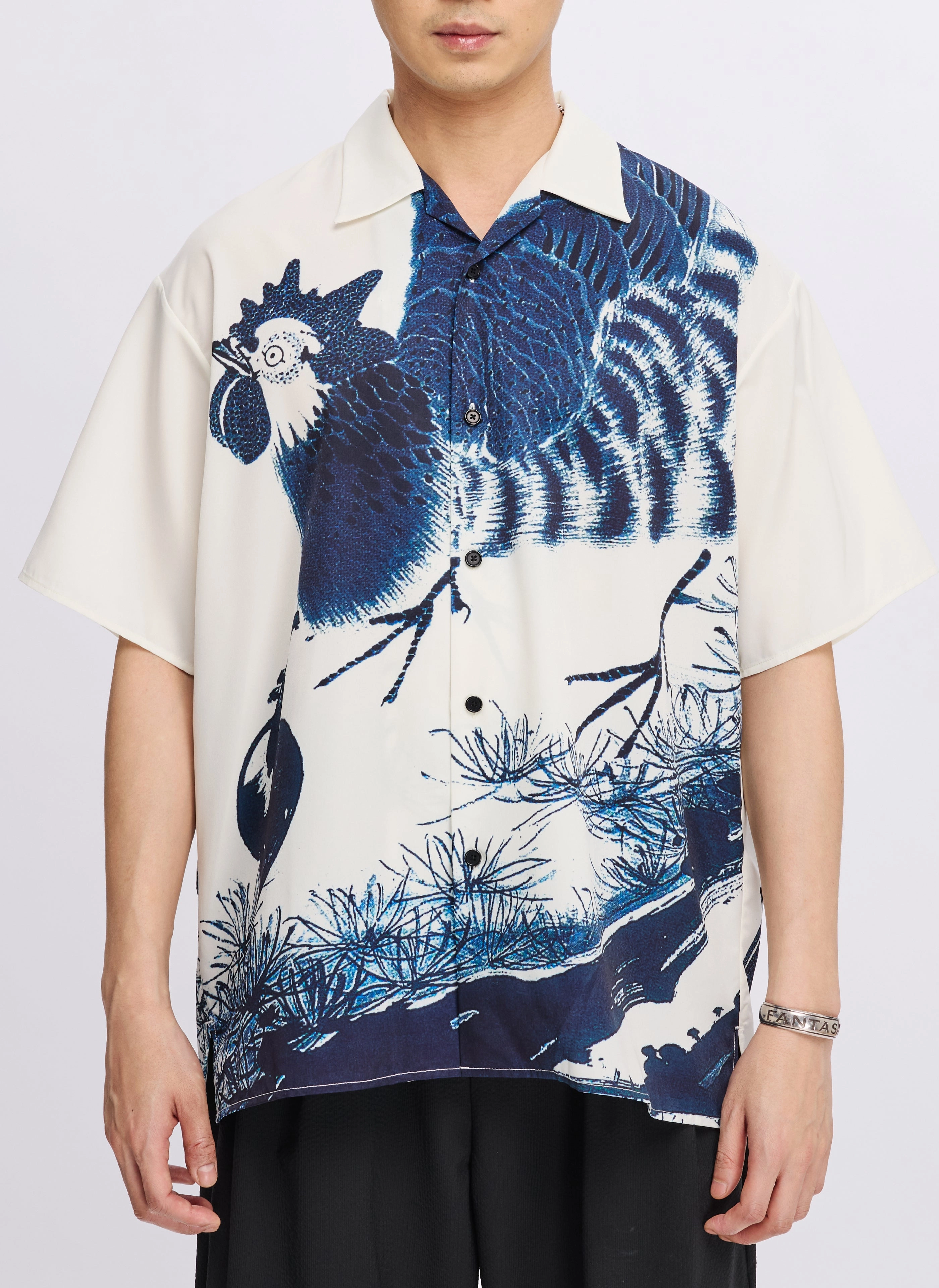 Polyester Indigo Oriental Short Sleeves Open Collar Shirt