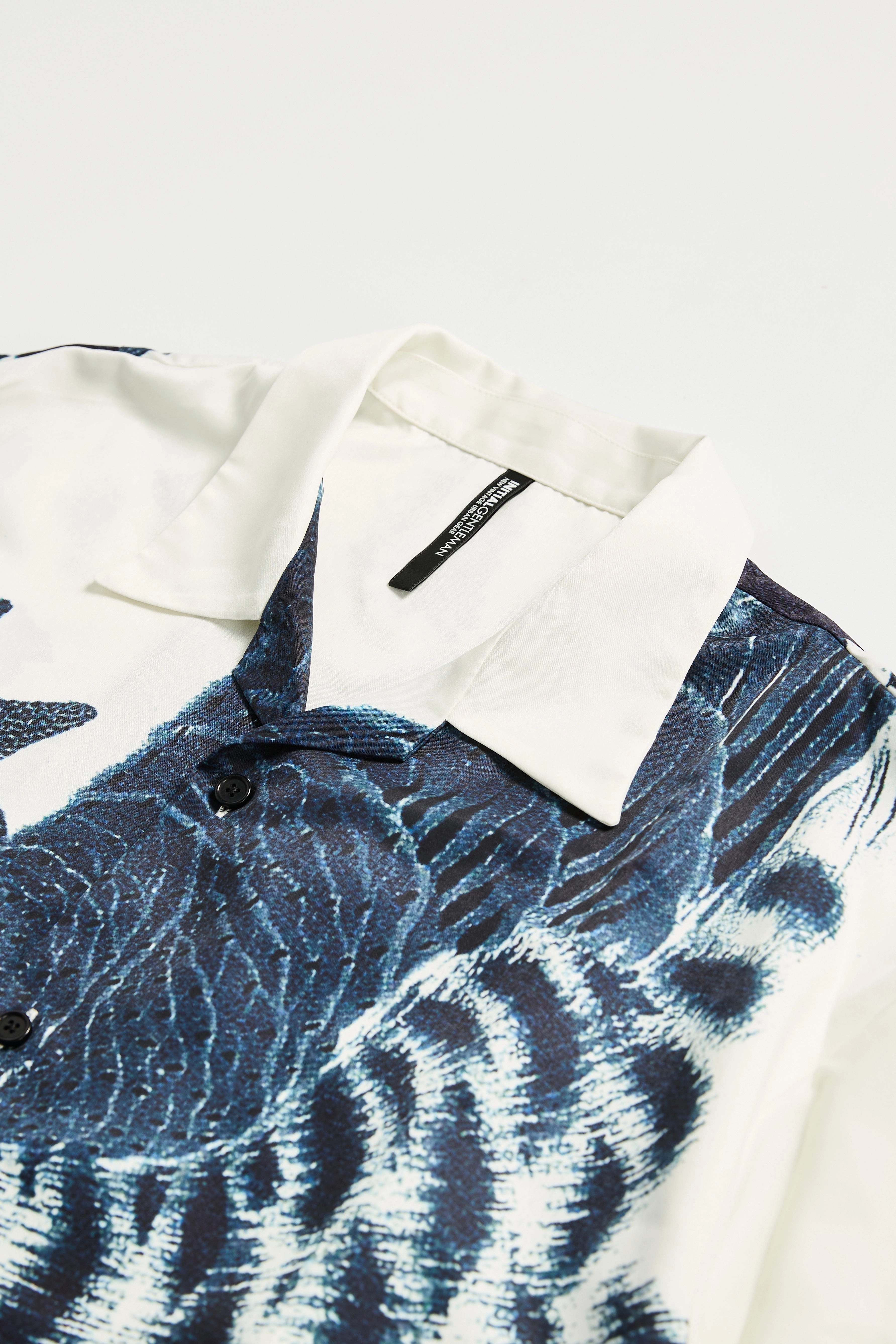 Polyester Indigo Oriental Short Sleeves Open Collar Shirt