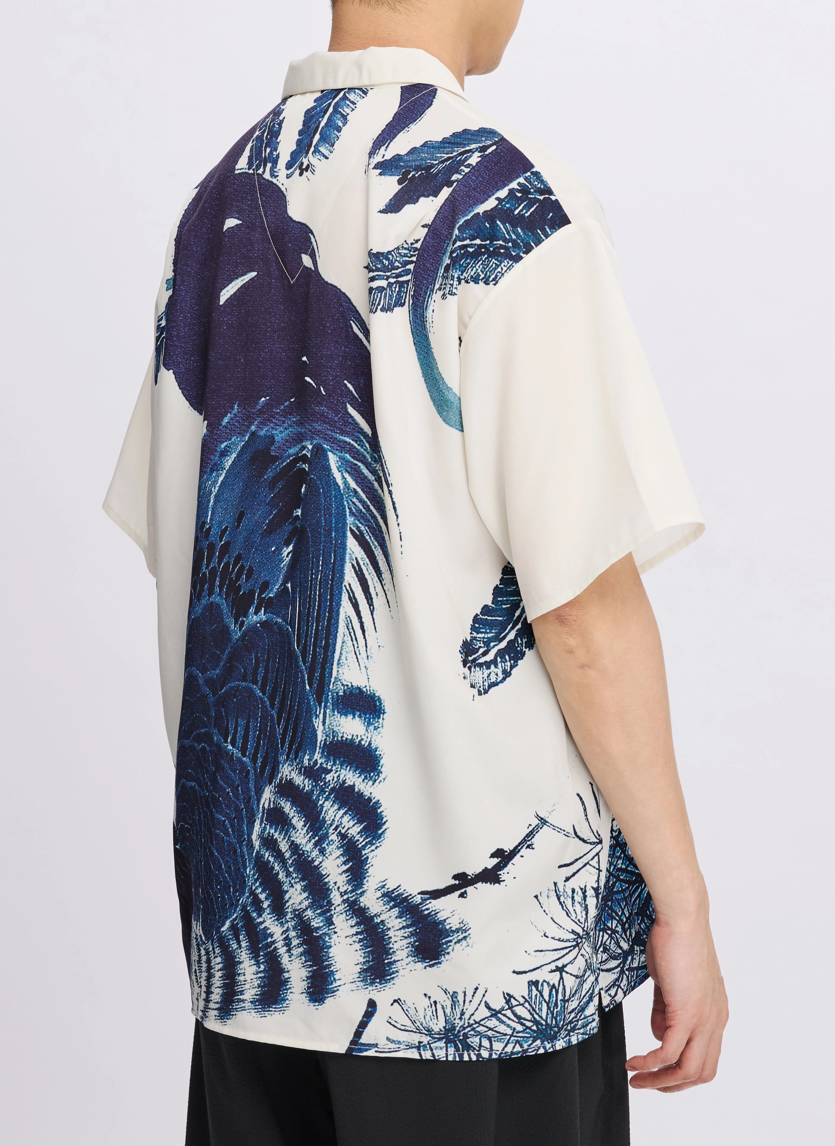 Polyester Indigo Oriental Short Sleeves Open Collar Shirt